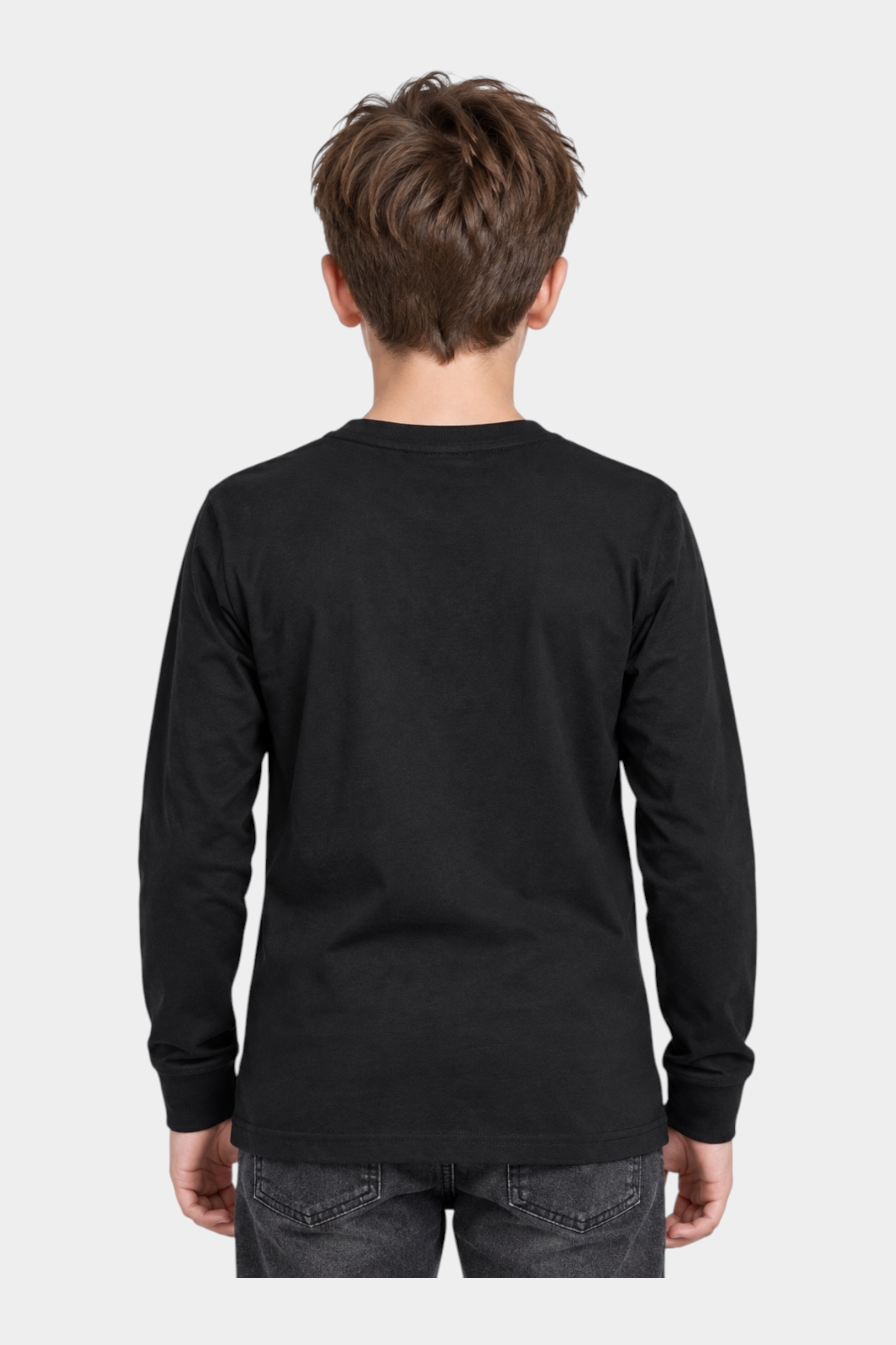 Vista posteriore di un bambino che indossa una maglia girocollo nera a maniche lunghe Follower SRL