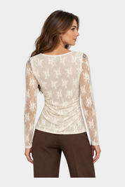 Modella indossa maglia Follower SRL in pizzo avorio a maniche lunghe con delicati ricami floreali, vista posteriore