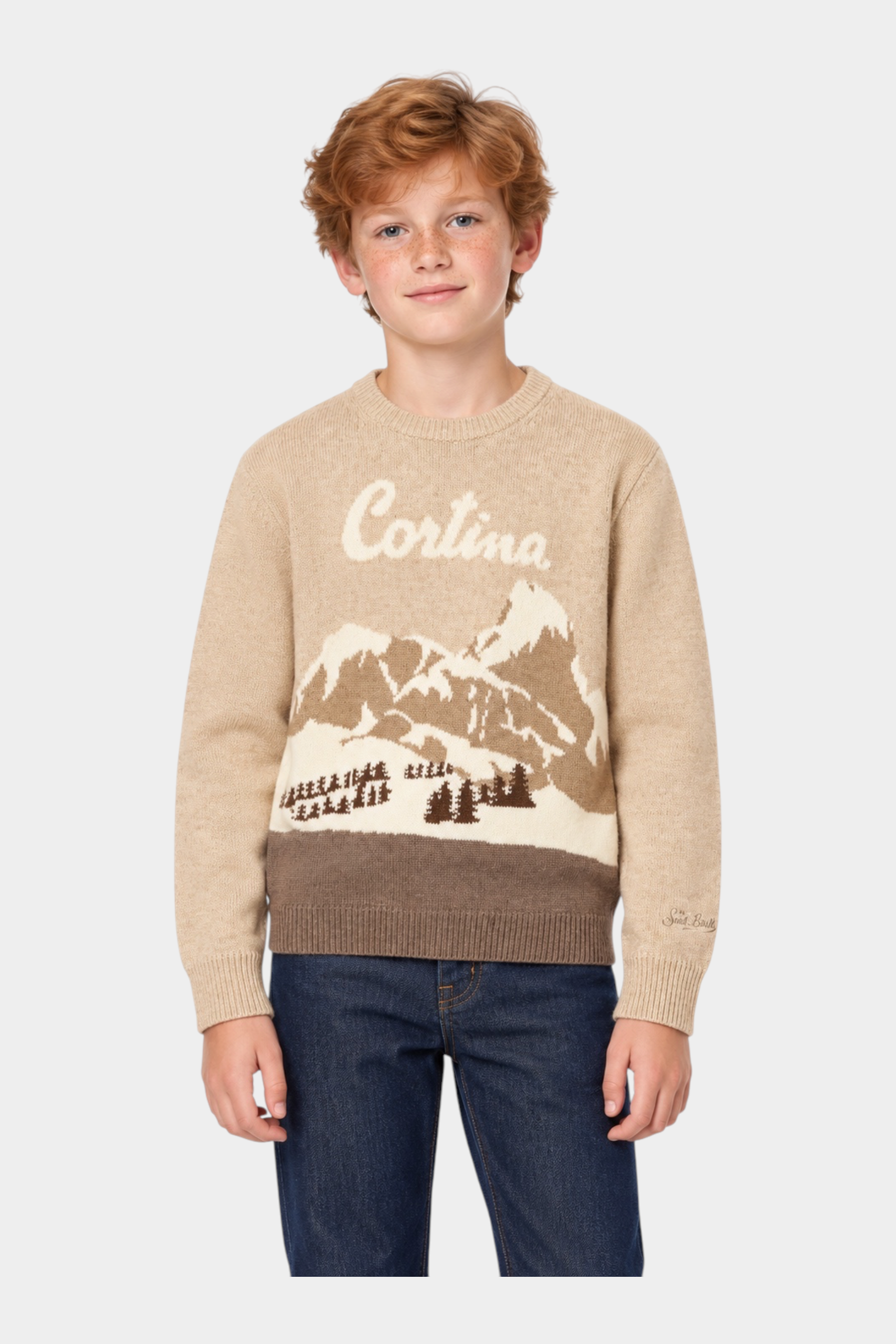 Ragazzo indossa maglione Follower SRL beige con intarsio paesaggio montano Cortina e dettagli a costine