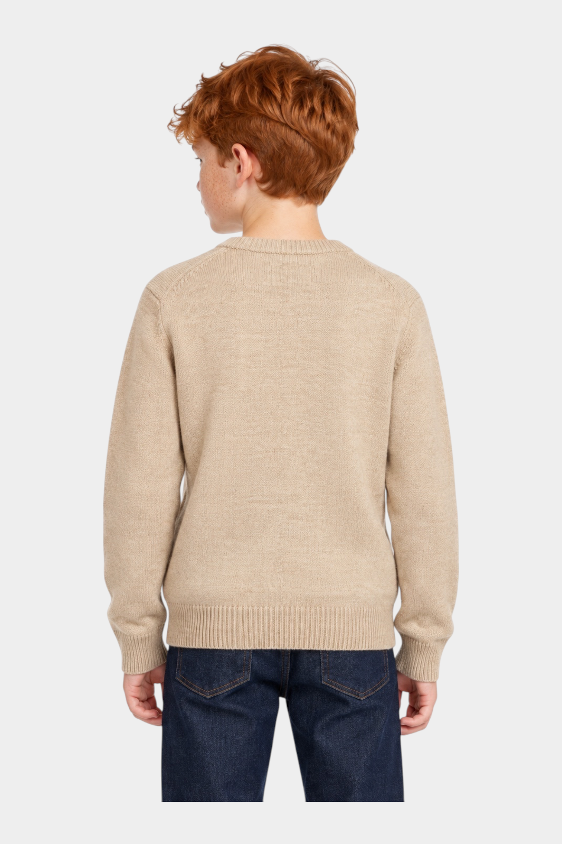 Vista posteriore di un bambino che indossa un maglione girocollo beige melange Follower SRL con polsini a costine