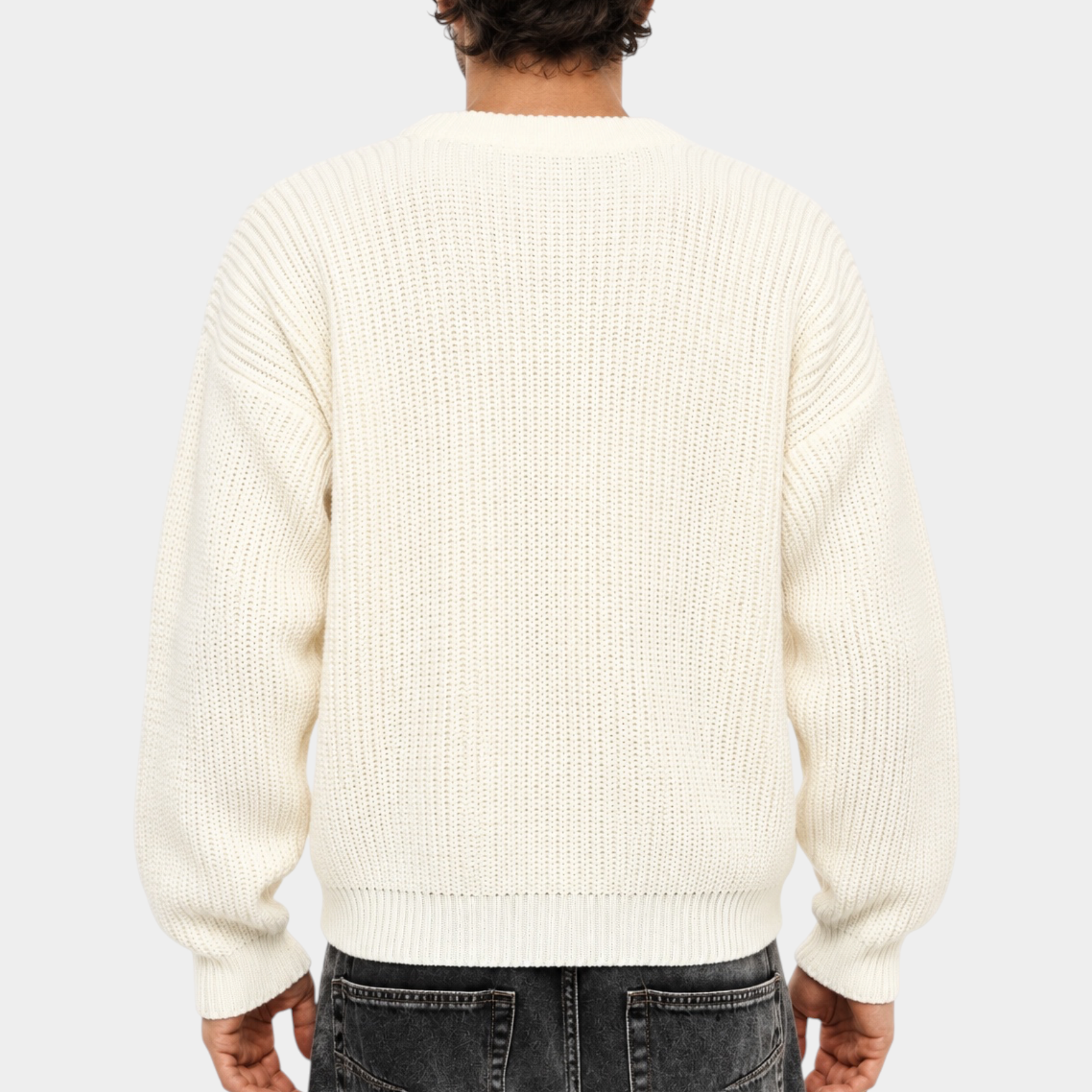 Vista posteriore di un uomo che indossa un maglione girocollo Follower SRL beige a maglia larga regular-fit