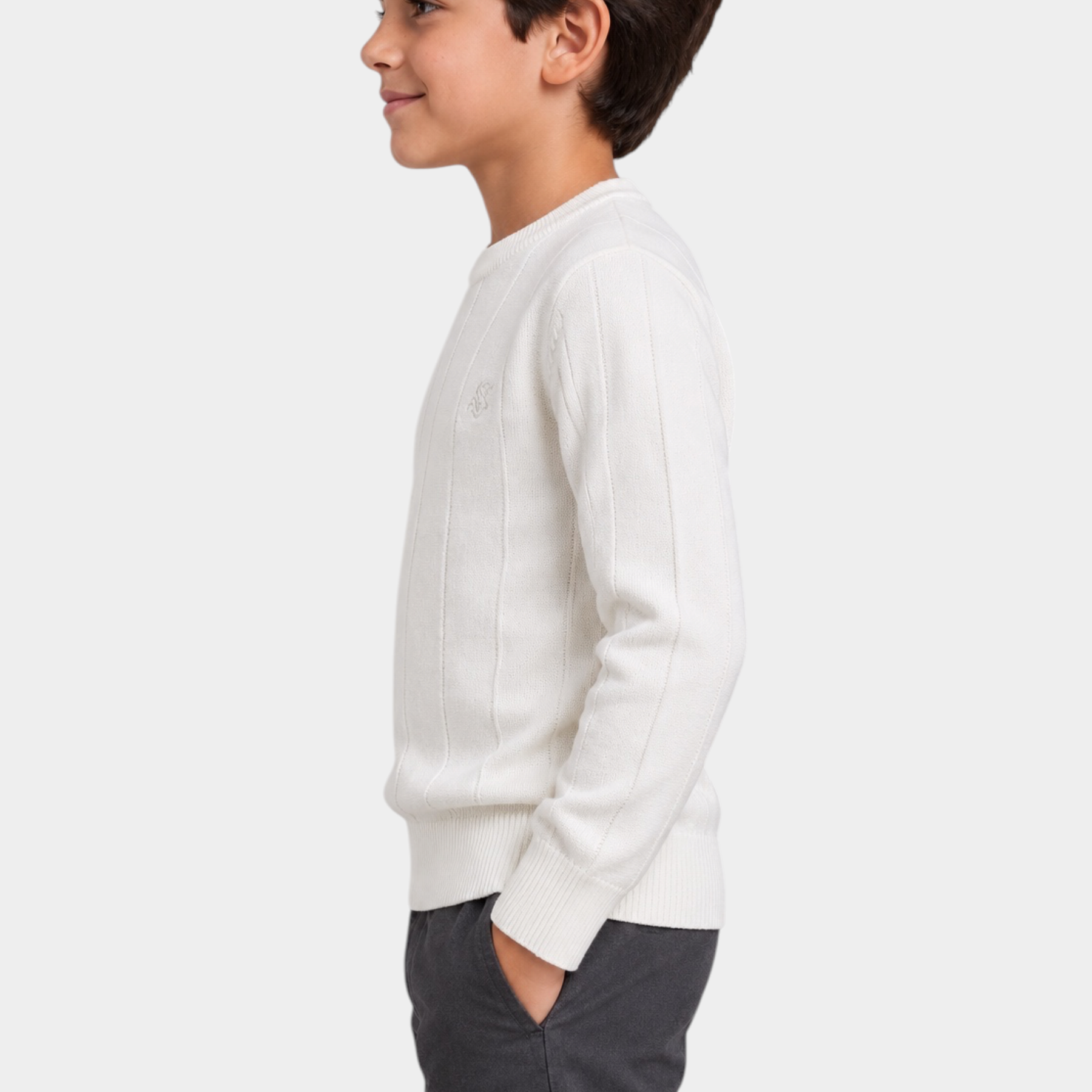 Ragazzo indossa maglione girocollo bianco a semi coste con logo US GRAND POLO di Follower SRL, vista laterale