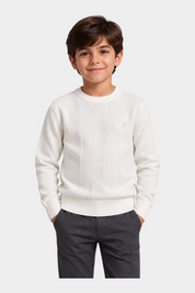 Bambino indossa un maglione girocollo bianco a semi coste con logo iconico Follower SRL su sfondo neutro