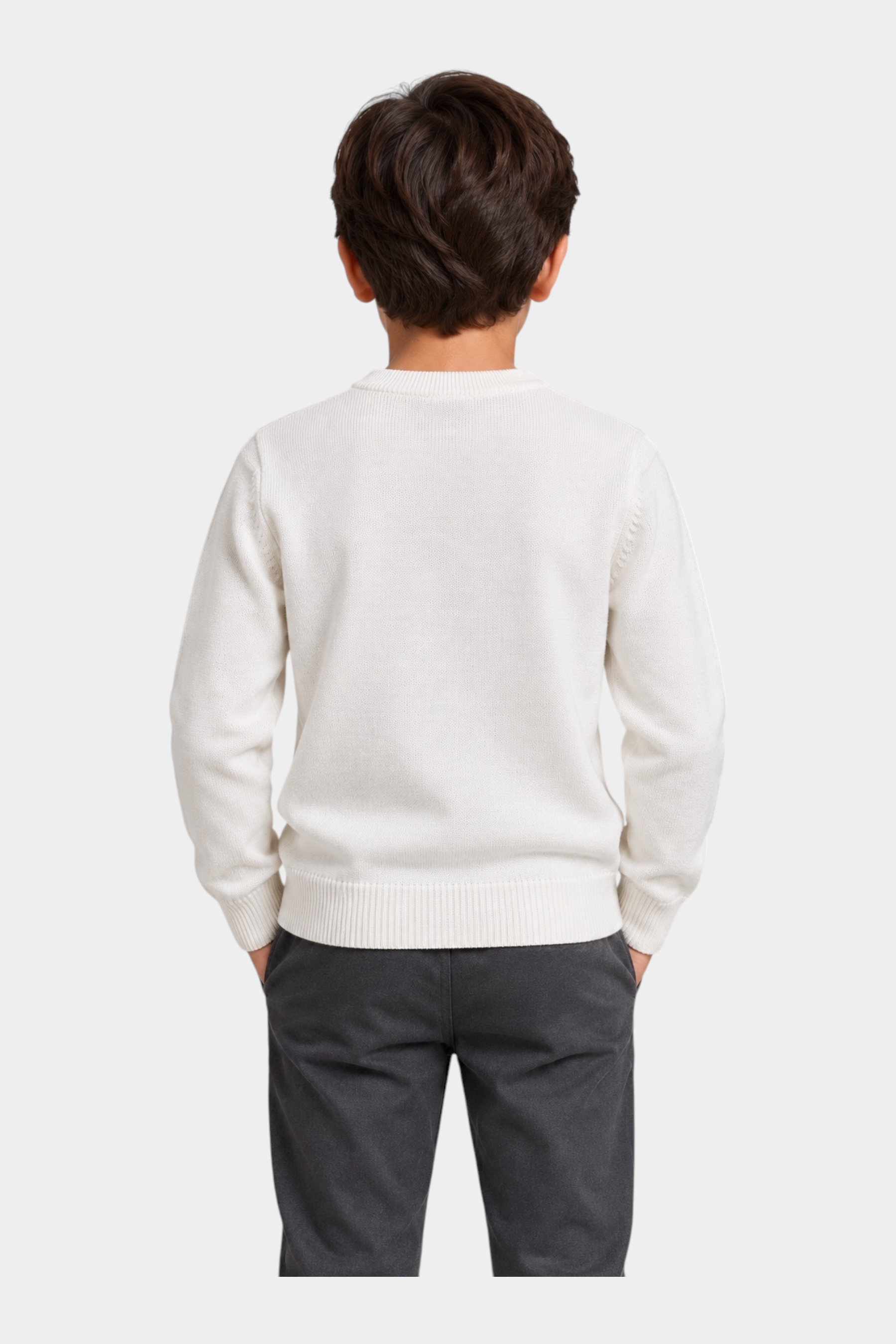 Vista posteriore di un bambino che indossa un maglione girocollo bianco a coste Follower SRL