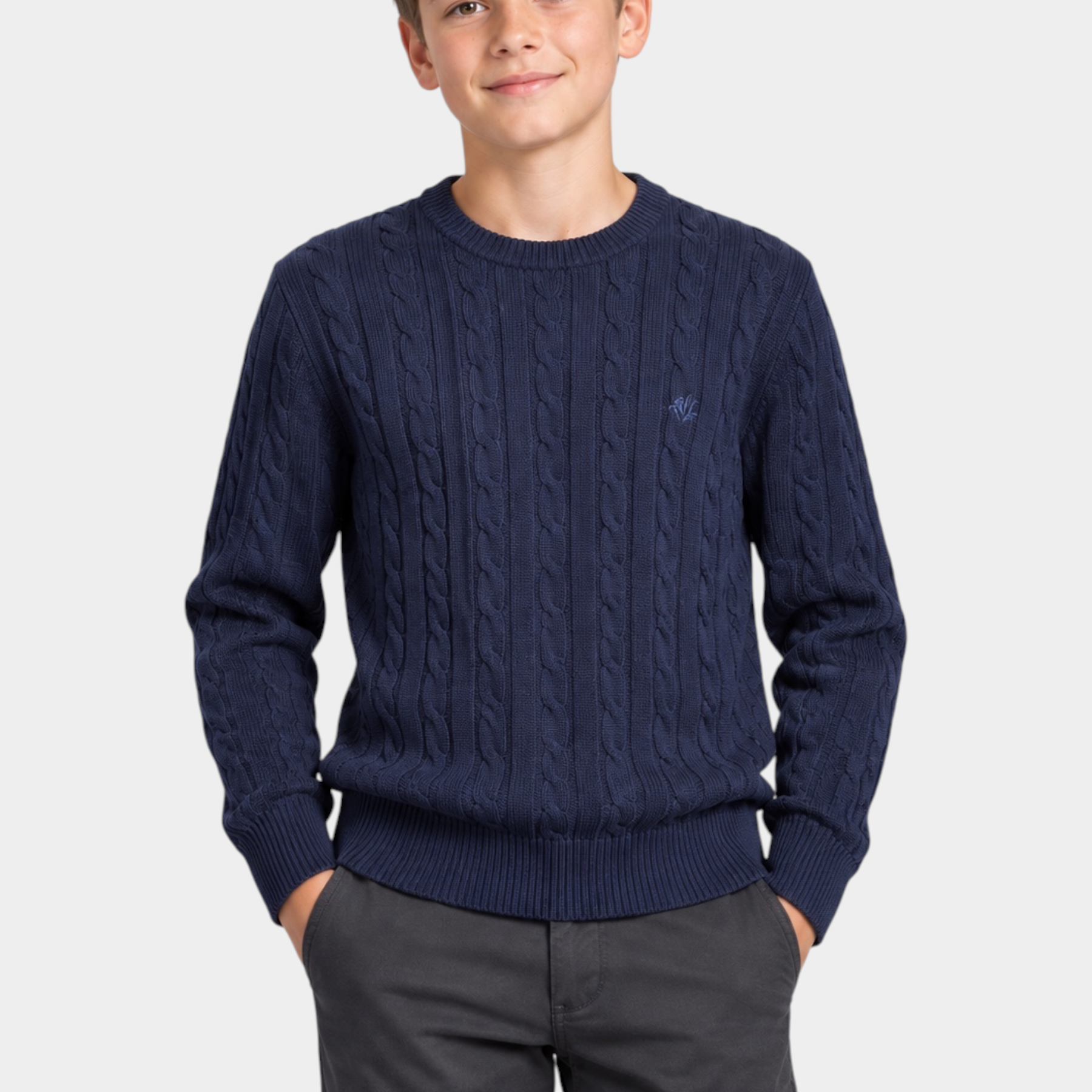 Ragazzo indossa un maglione Follower SRL girocollo blu a trecce con logo ricamato, stile classico ed elegante