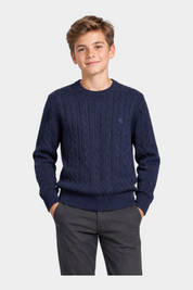 Ragazzo indossa un maglione Follower SRL girocollo blu a trecce con logo ricamato, stile classico ed elegante