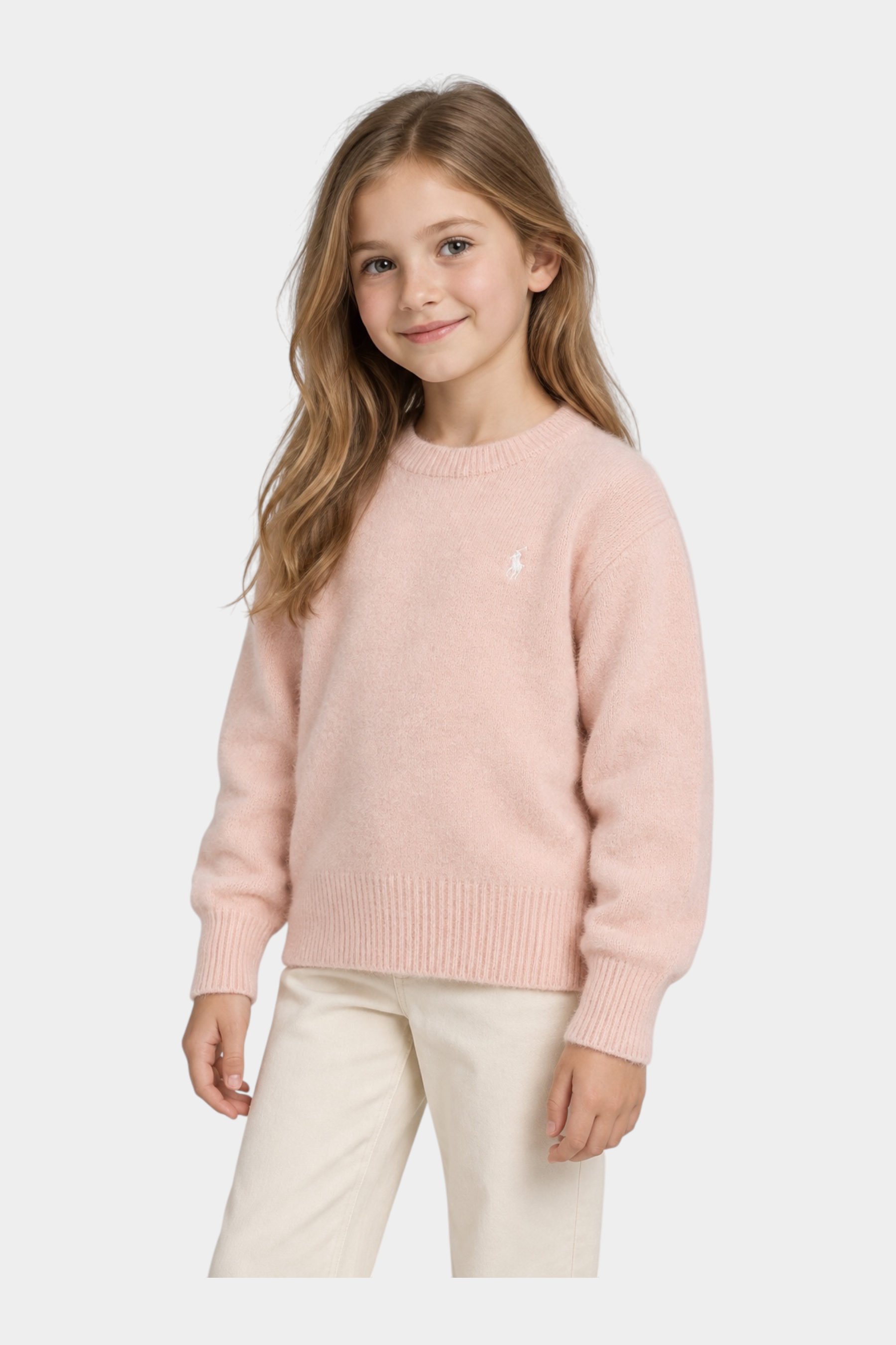 Bambina indossa un maglione in ciniglia rosa Follower SRL con girocollo e logo ricamato sul petto