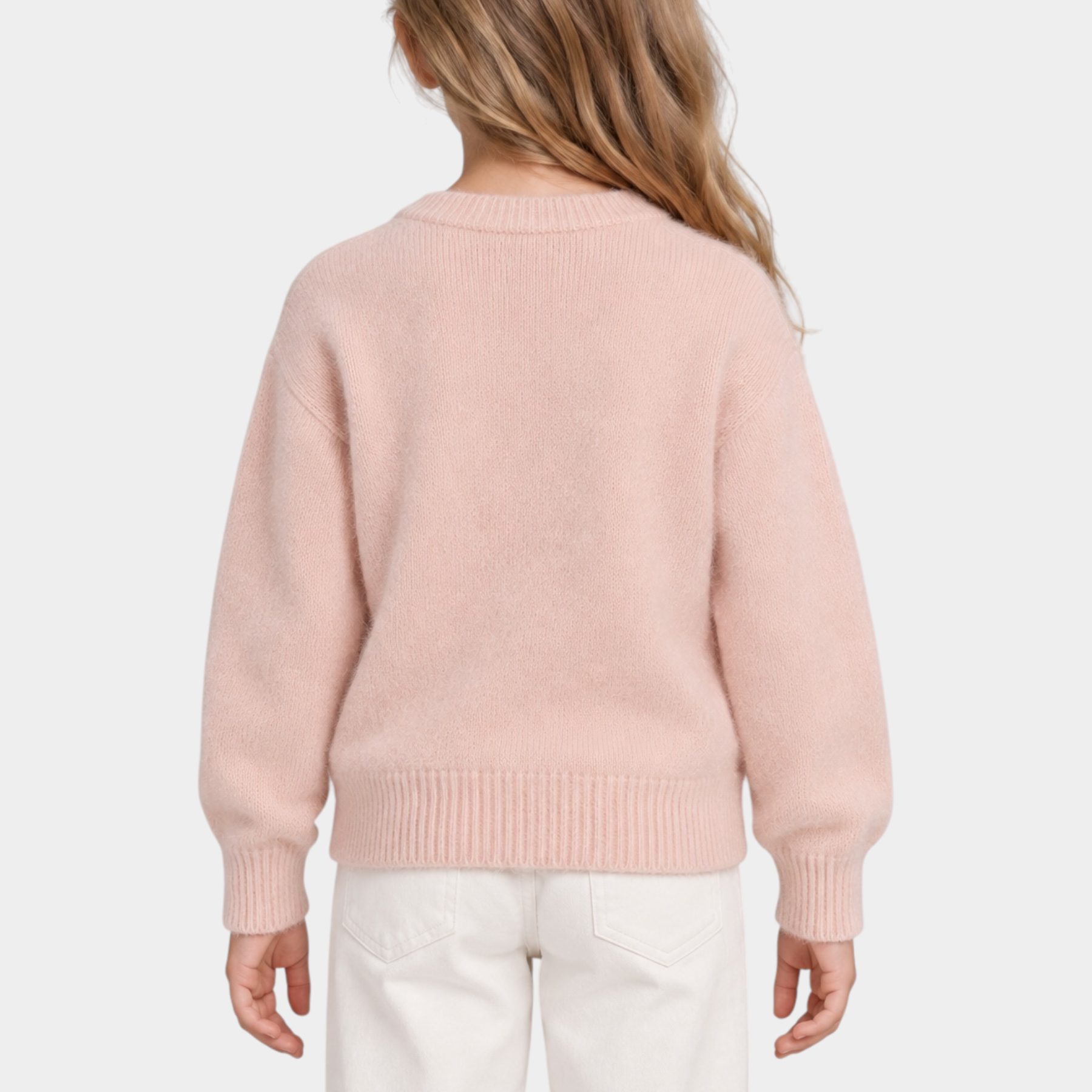 Bambina indossa un maglione in ciniglia rosa Follower SRL a girocollo con maniche lunghe, vista posteriore