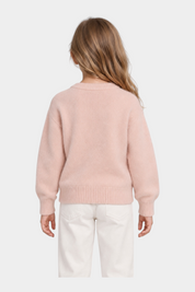 Bambina indossa un maglione in ciniglia rosa Follower SRL a girocollo con maniche lunghe, vista posteriore
