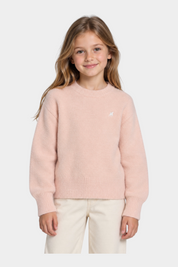 Bambina che indossa un maglione in ciniglia rosa Follower SRL con girocollo e logo ricamato