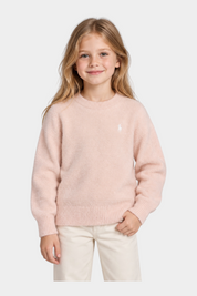 Bambina che indossa un maglione in ciniglia rosa Follower SRL con logo ricamato e girocollo
