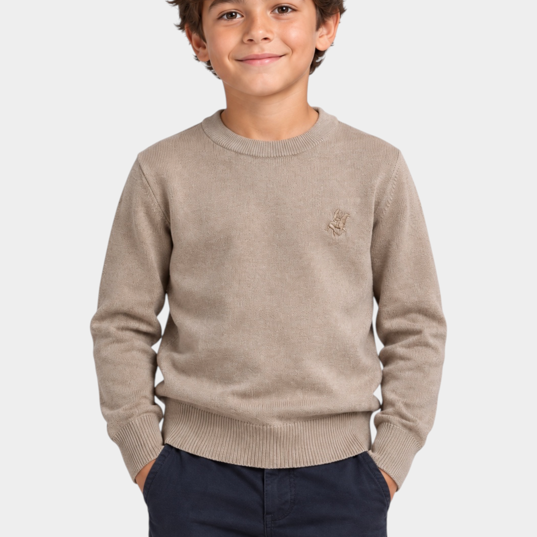 Bambino indossa un maglione girocollo beige Follower SRL con logo iconico ricamato sul petto