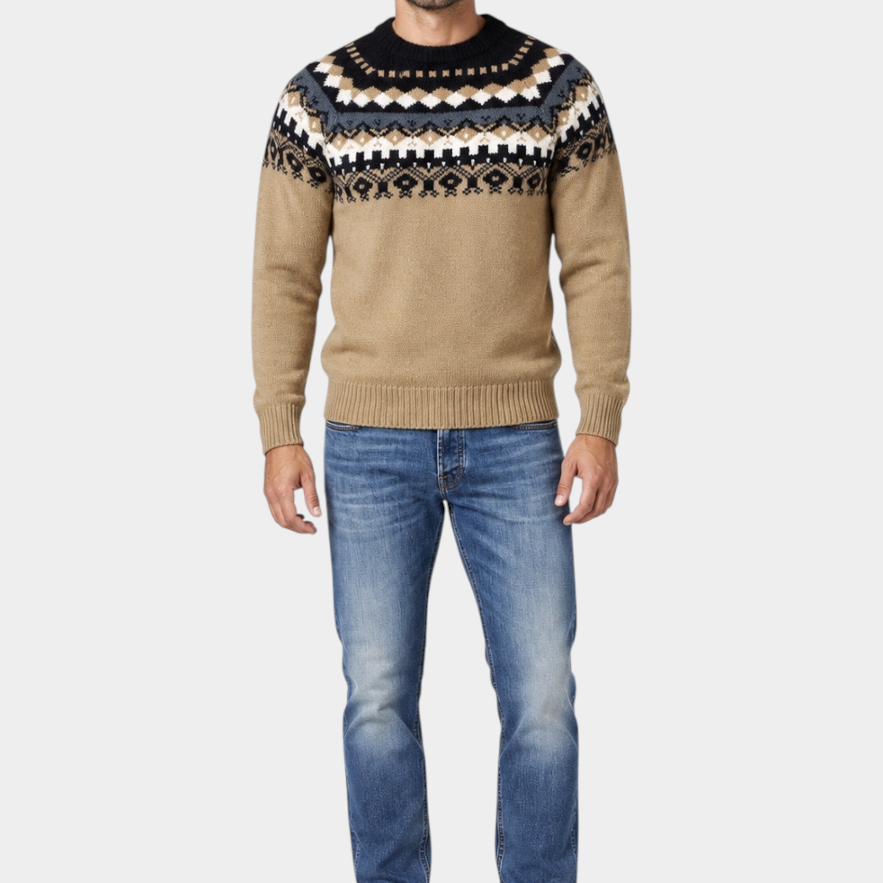 Maglione girocollo Follower SRL beige con motivo jacquard geometrico su petto e spalle, realizzato in misto lana