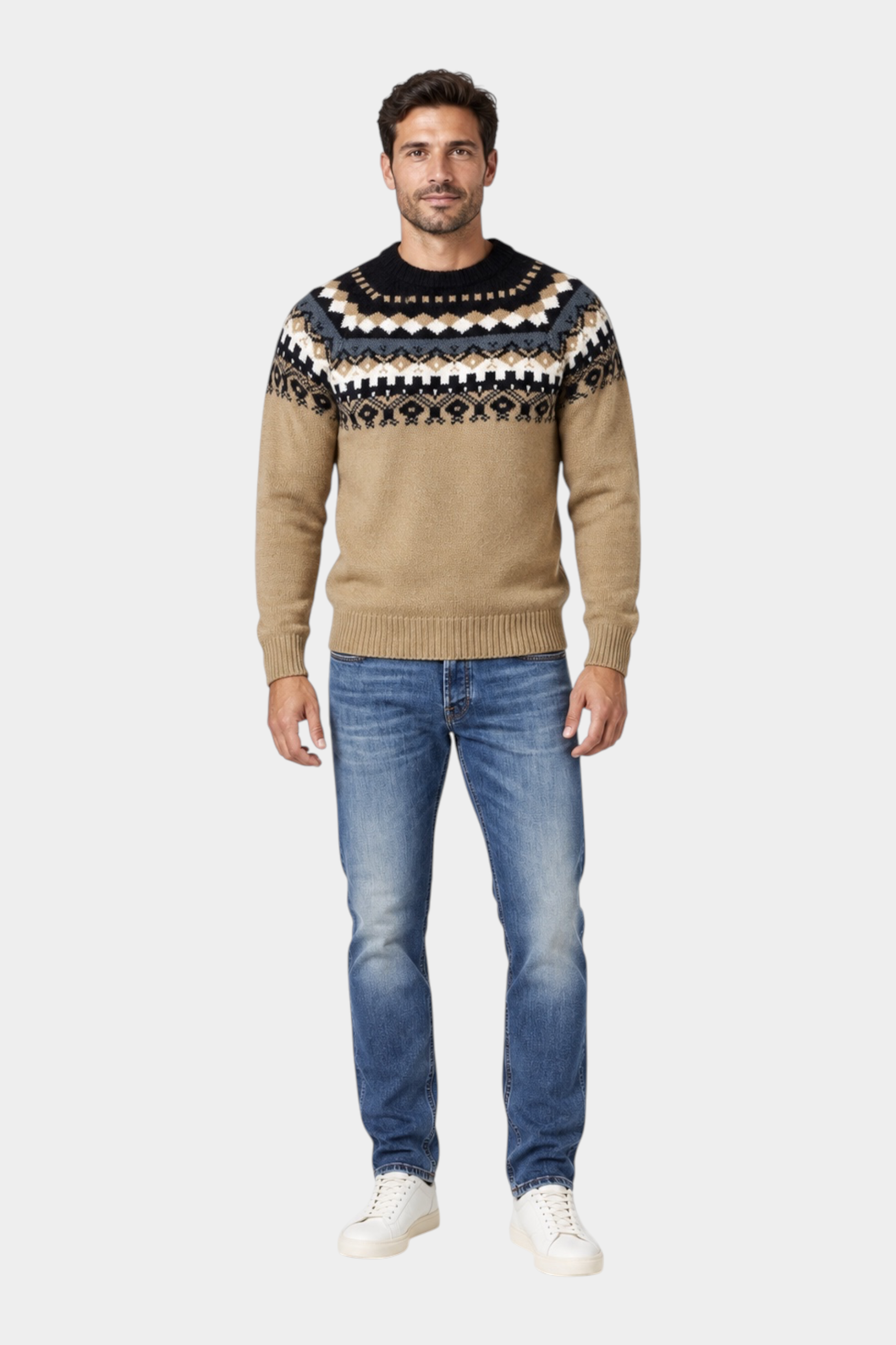 Maglione girocollo Follower SRL beige con motivo jacquard geometrico su petto e spalle, realizzato in misto lana