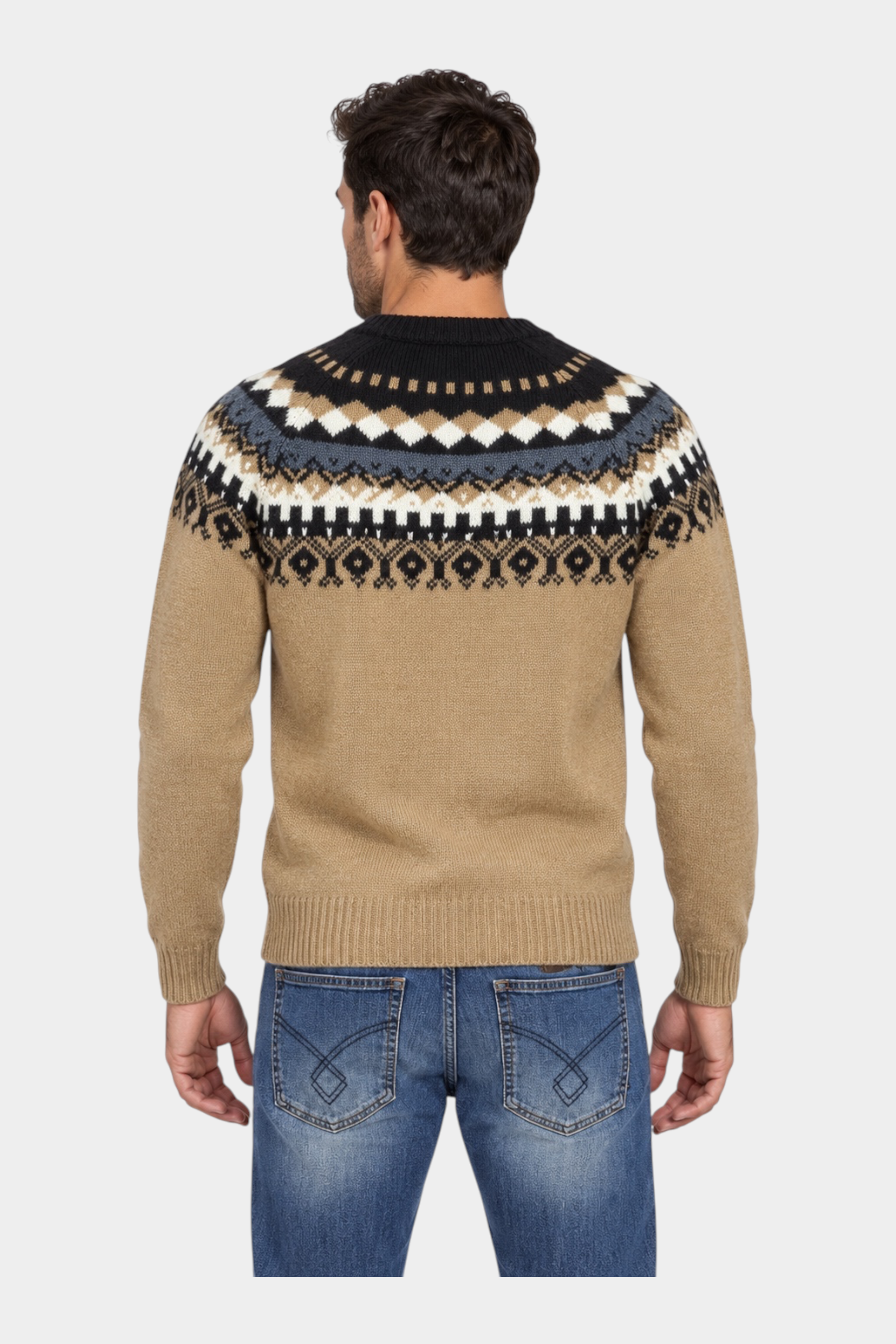 Maglione girocollo Follower SRL beige con motivo jacquard geometrico sul petto, misto lana e alpaca, vista posteriore