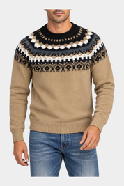 Maglione girocollo Follower SRL beige con motivo jacquard geometrico nero e bianco, misto lana e alpaca
