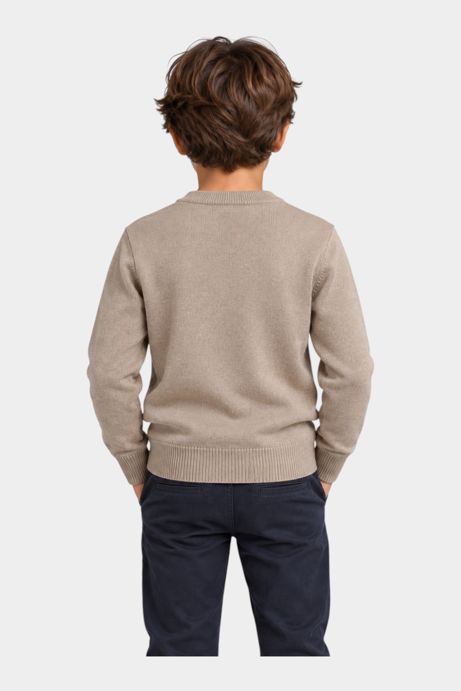 Vista posteriore di un bambino che indossa un maglione girocollo beige Follower SRL con polsini a coste