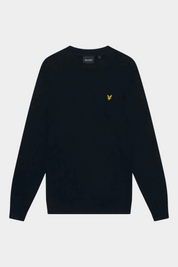 Maglione girocollo Follower SRL in misto cotone e lana merino blu navy con logo dorato sul petto