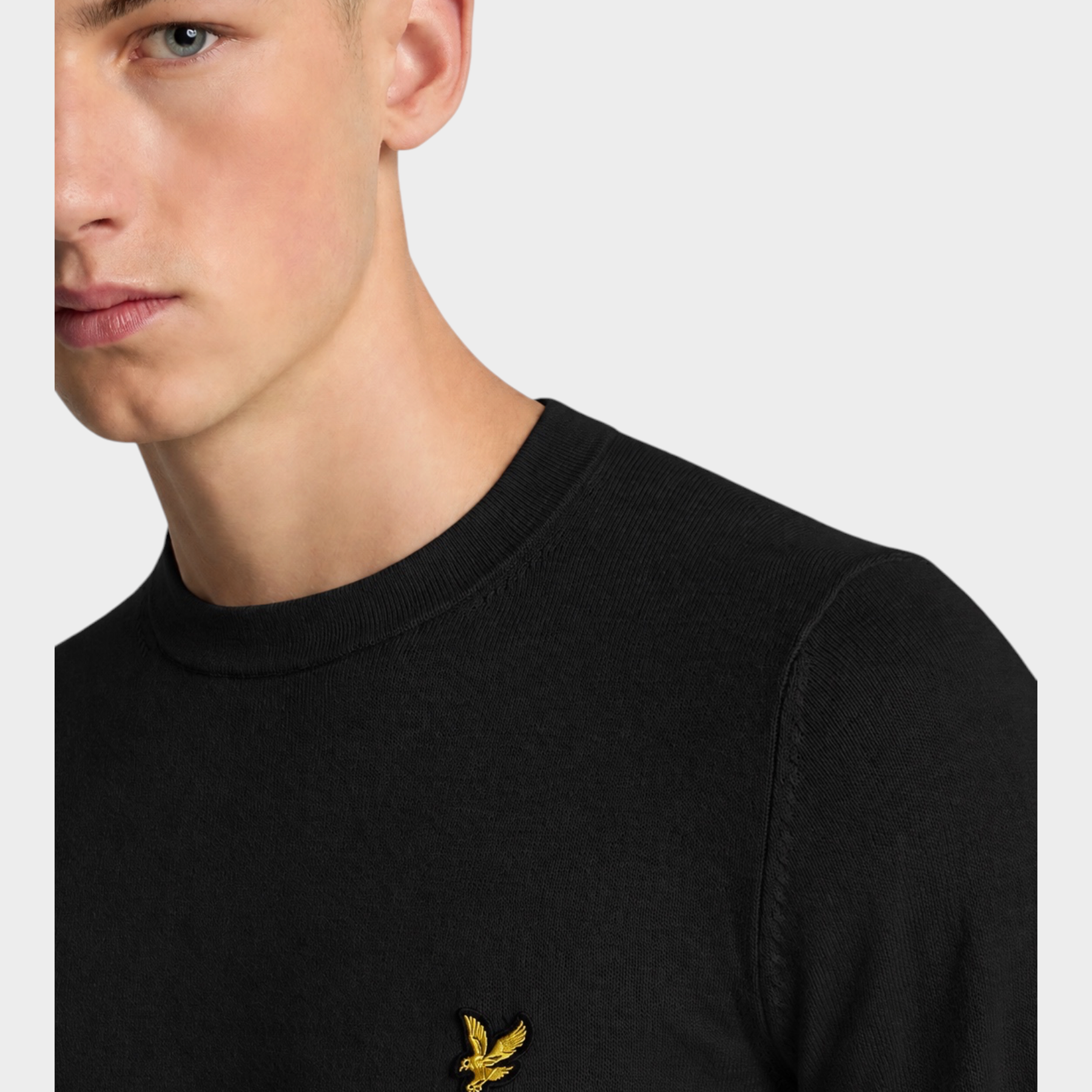 Modello indossa maglione girocollo nero in misto cotone e lana merino Follower SRL con logo aquila dorato sul petto