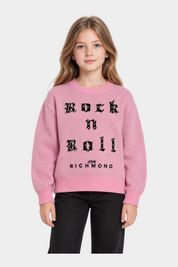 Bambina indossa un maglione girocollo rosa Follower SRL con scritta Rock n Roll impreziosita da strass neri