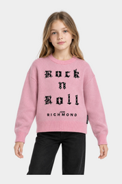 Bambina indossa un maglione girocollo rosa Follower SRL con scritta Rock n Roll decorata da strass e logo Richmond