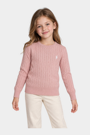 Bambina che indossa un maglione a treccia rosa Follower SRL con logo ricamato, girocollo e maniche lunghe