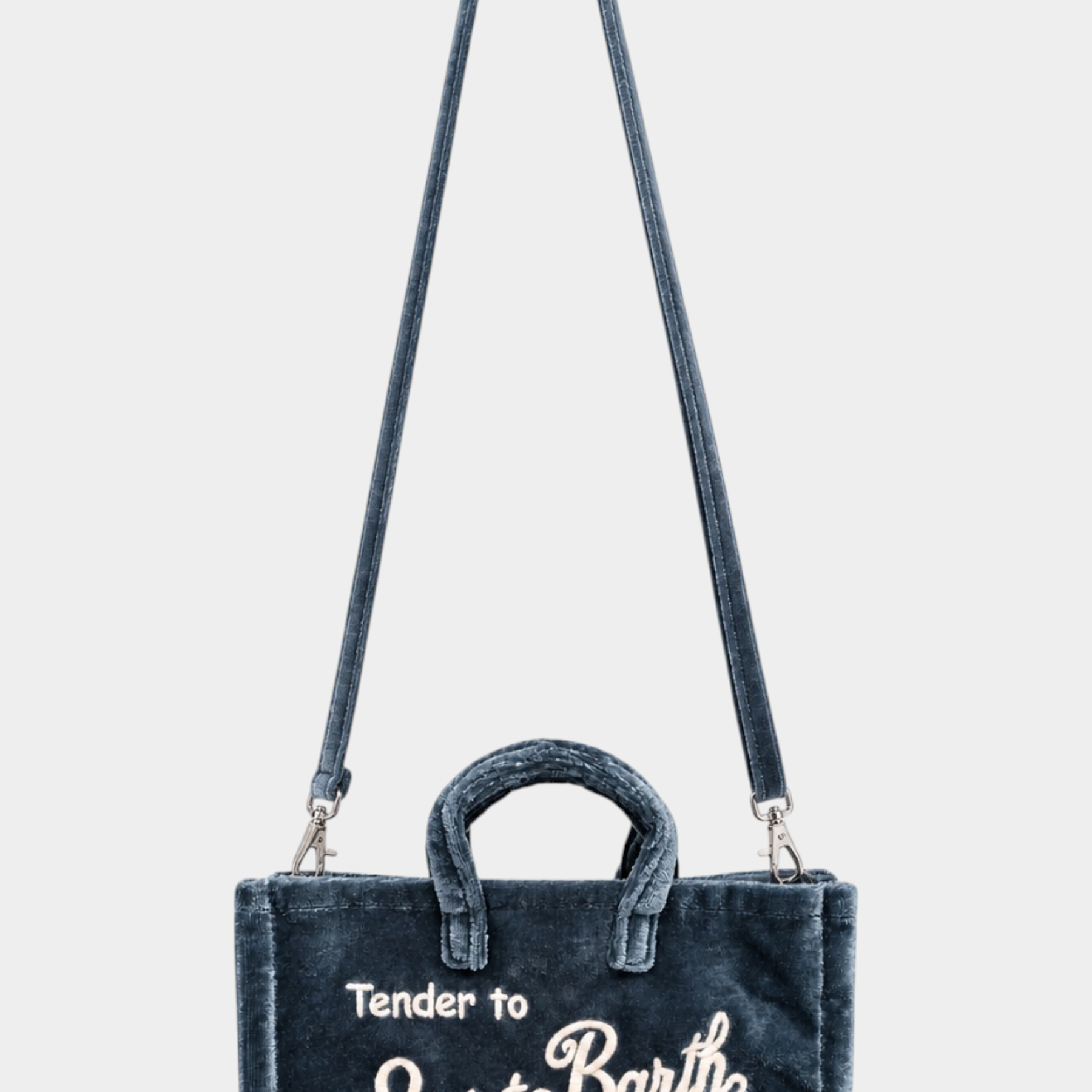 Phone bag Follower SRL MC2 Saint Barth in velluto blu con logo ricamato, doppi manici e tracolla rimovibile.