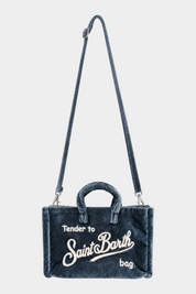 Phone bag Follower SRL MC2 Saint Barth in velluto blu con logo ricamato, doppi manici e tracolla rimovibile.
