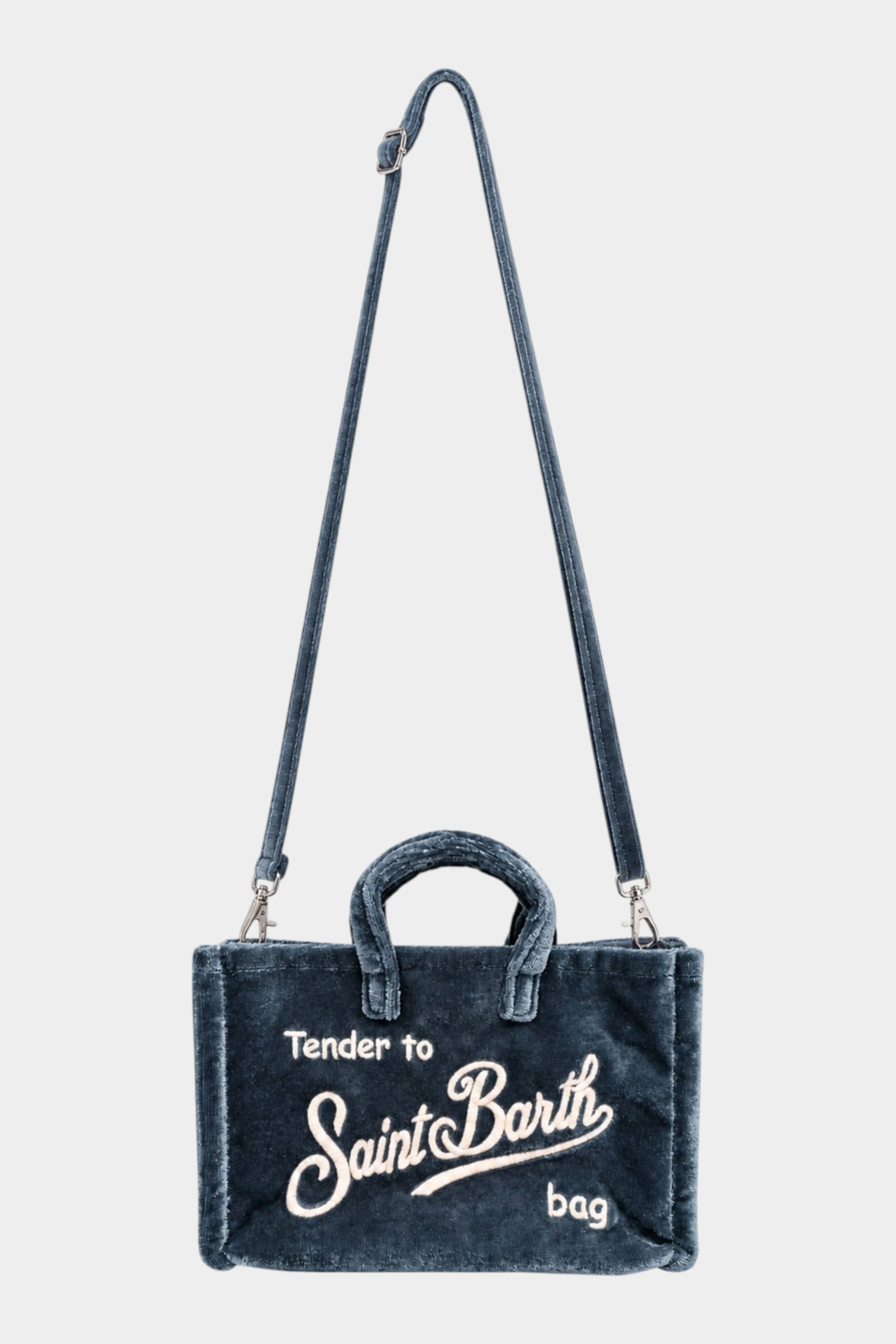 Phone bag Follower SRL MC2 Saint Barth in velluto blu con logo ricamato, doppi manici e tracolla rimovibile.