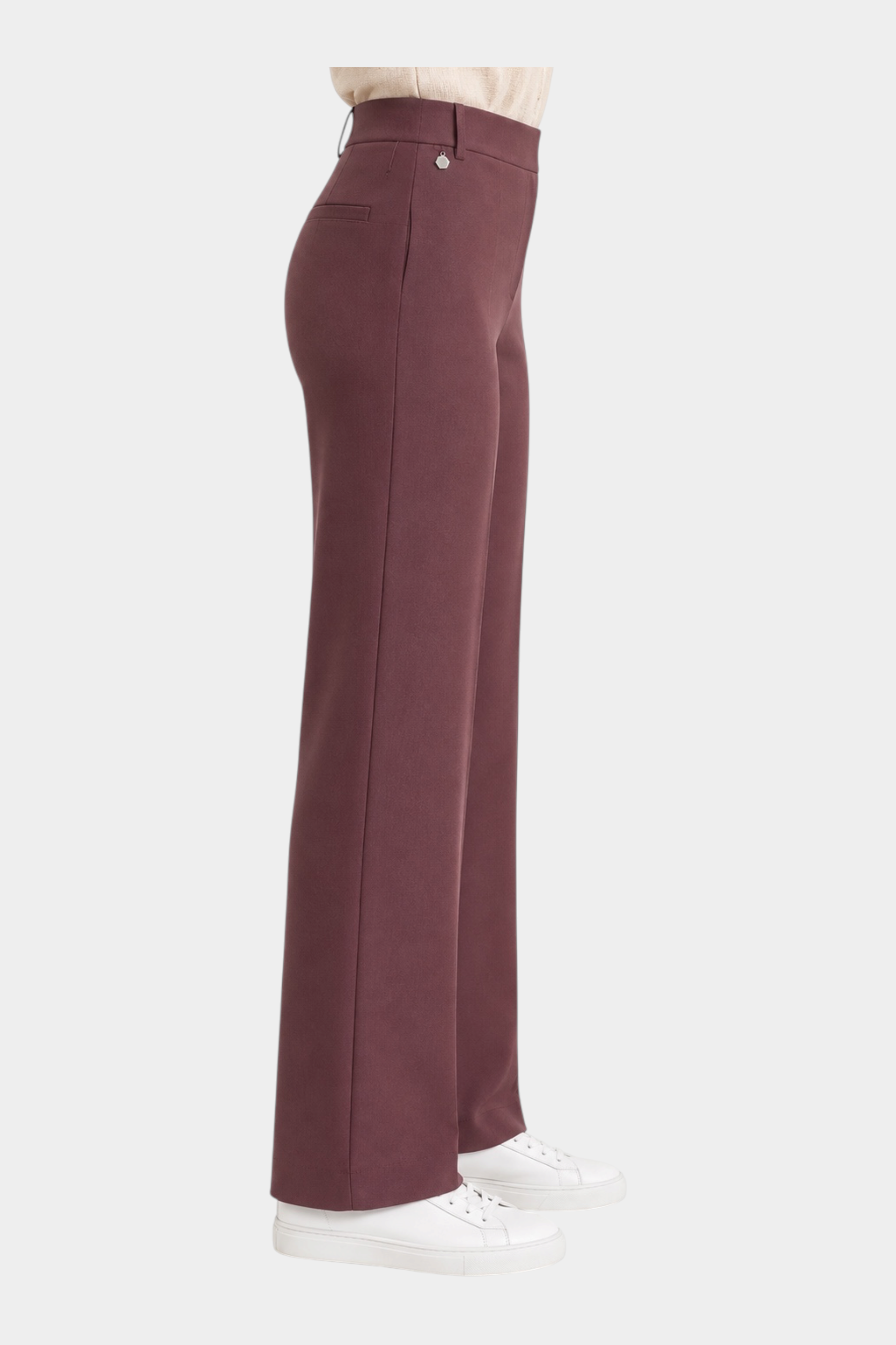 Pantalone ampio Follower SRL in tessuto compact color bordeaux, vista laterale con taglio sartoriale e vita alta