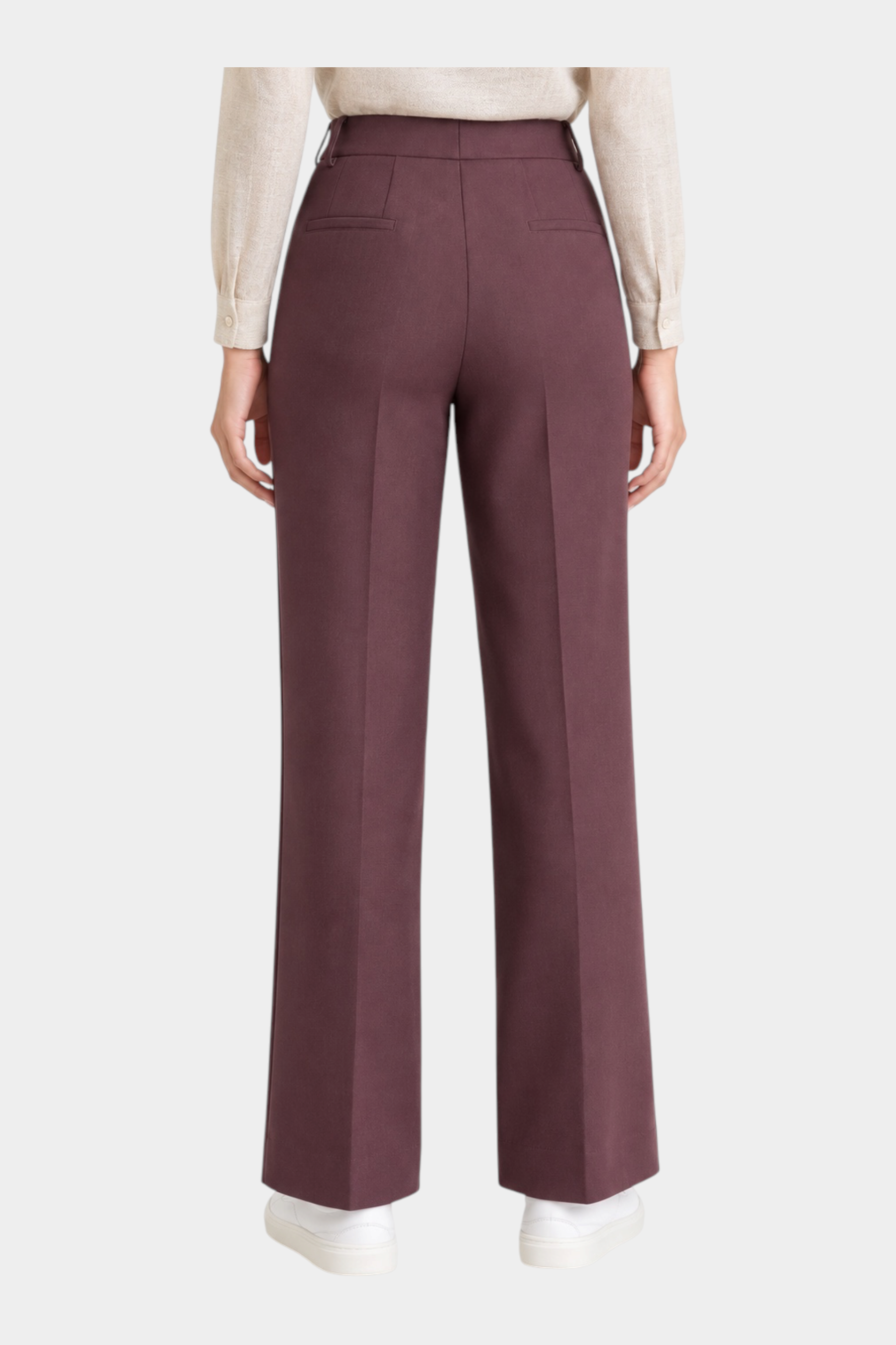 Pantalone ampio Follower SRL in tessuto compact color bordeaux, vista posteriore con tasche a filetto