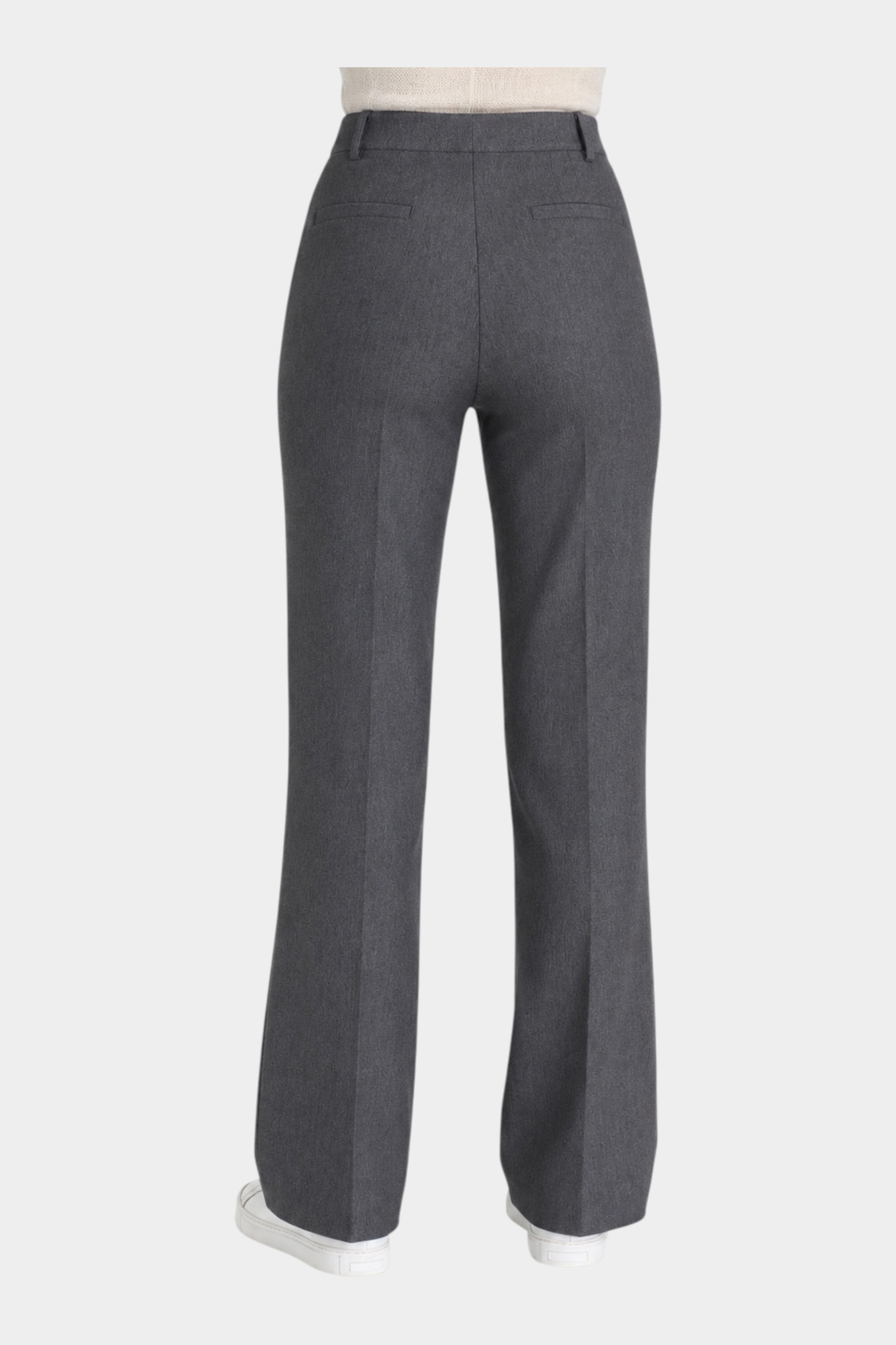 Pantalone ampio Follower SRL in tessuto compact grigio, vista posteriore con taglio sartoriale e tasche a filetto