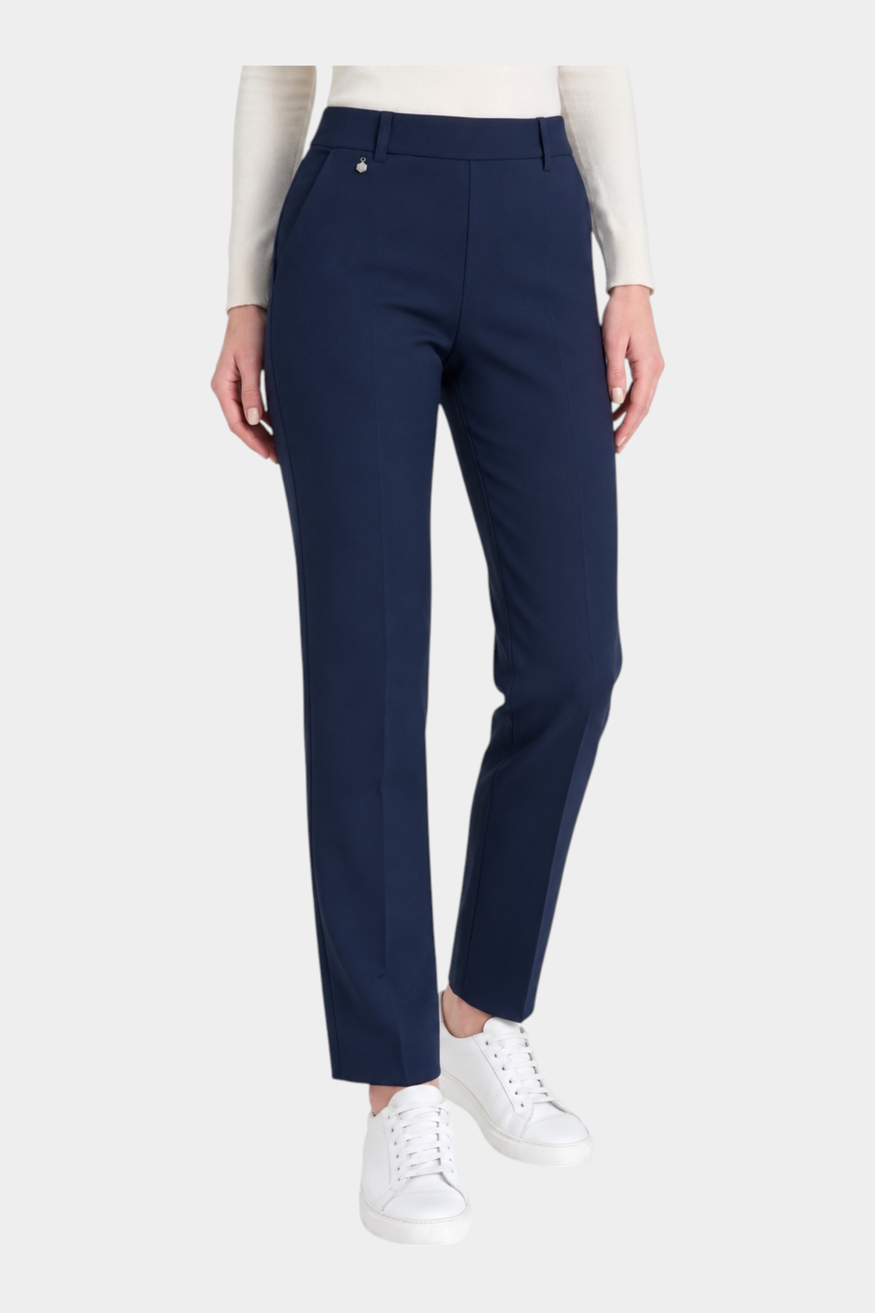Pantalone dritto blu Follower SRL in tessuto compact con tasche laterali e dettaglio metallico in vita