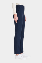 Pantalone dritto blu Follower SRL in tessuto compact con tasche laterali e dettaglio metallico in vita