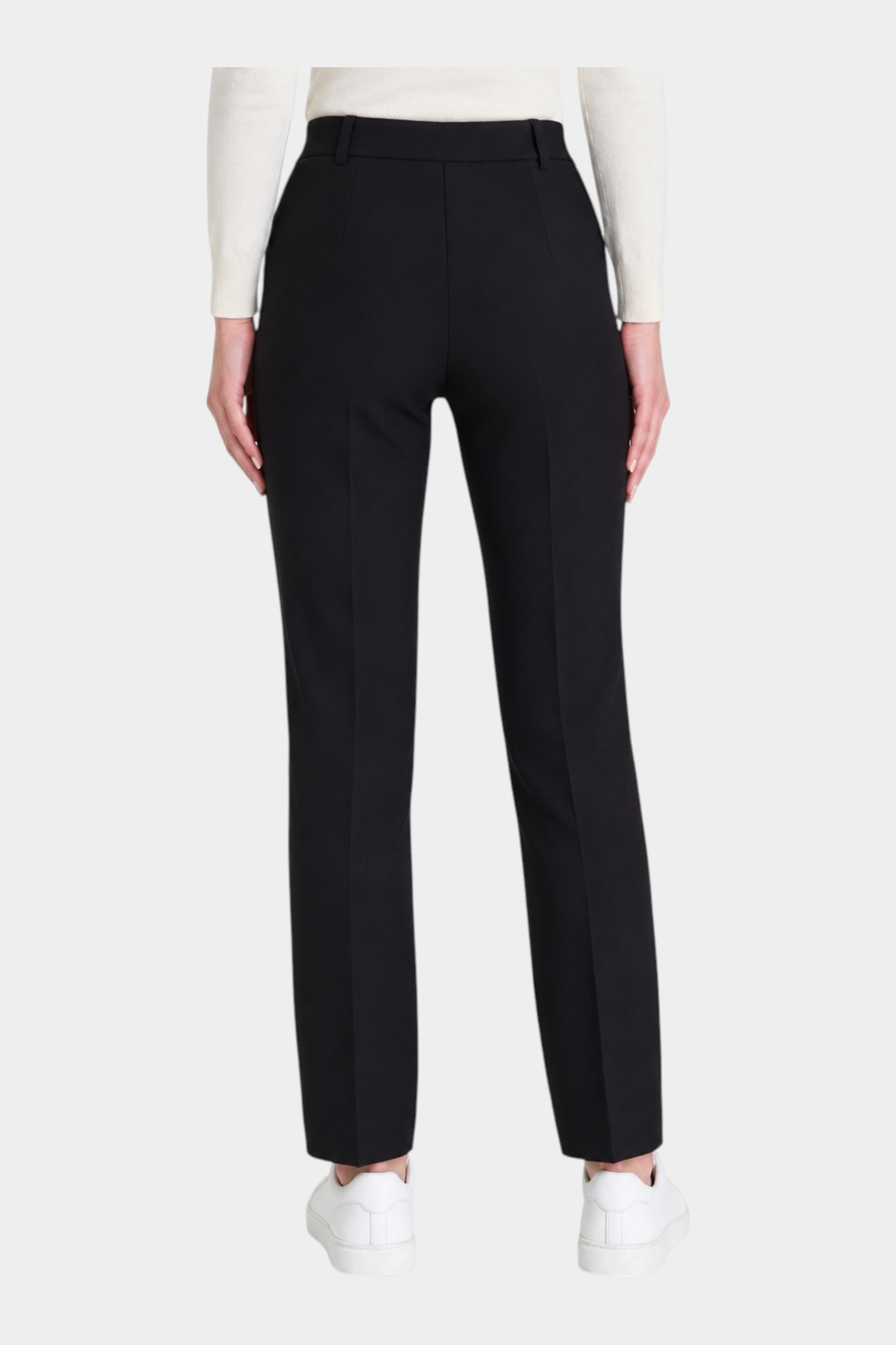 Pantalone dritto nero da donna Follower SRL in tessuto compact con taglio sartoriale visto da dietro