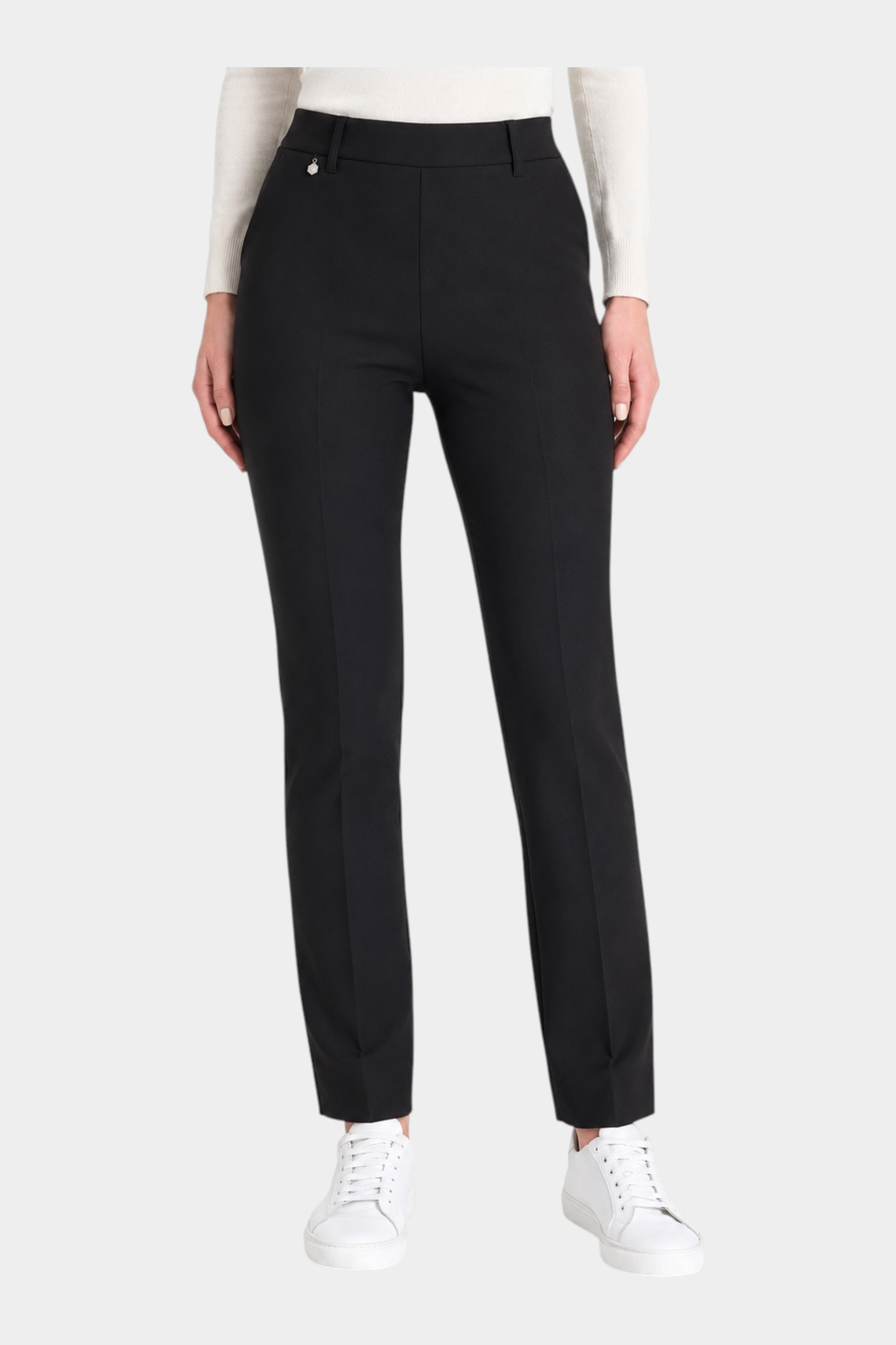 Pantalone dritto nero Follower SRL in tessuto compact con tasche e dettaglio metallico in vita