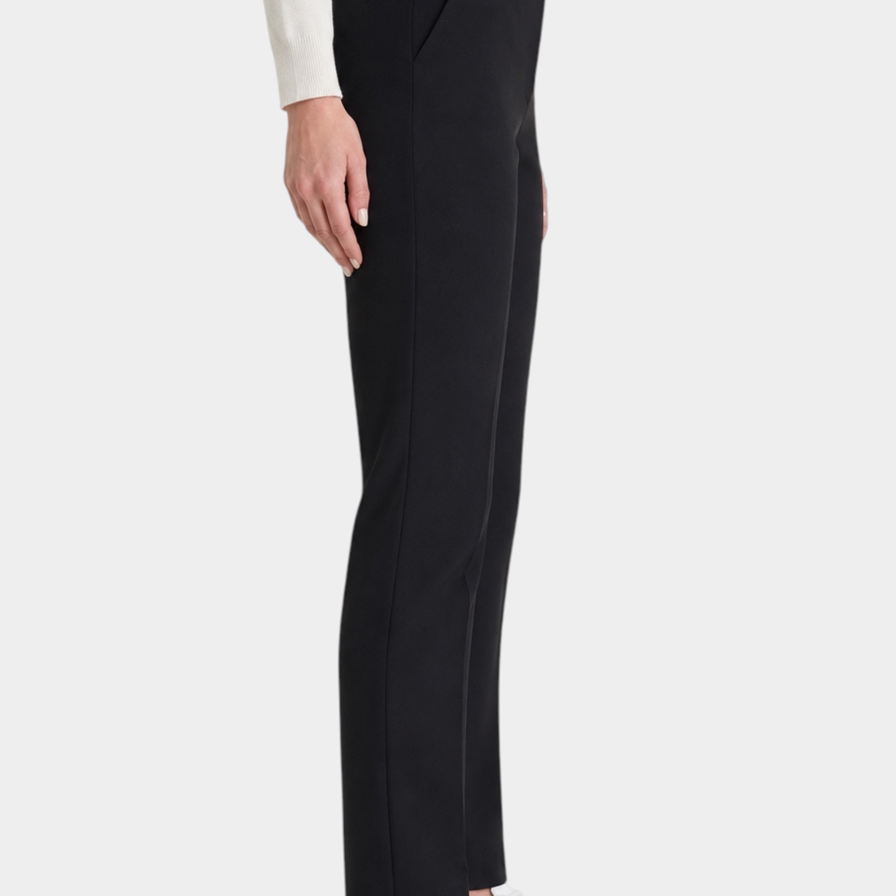 Pantalone dritto nero Follower SRL in tessuto compact con tasche laterali, indossato di profilo