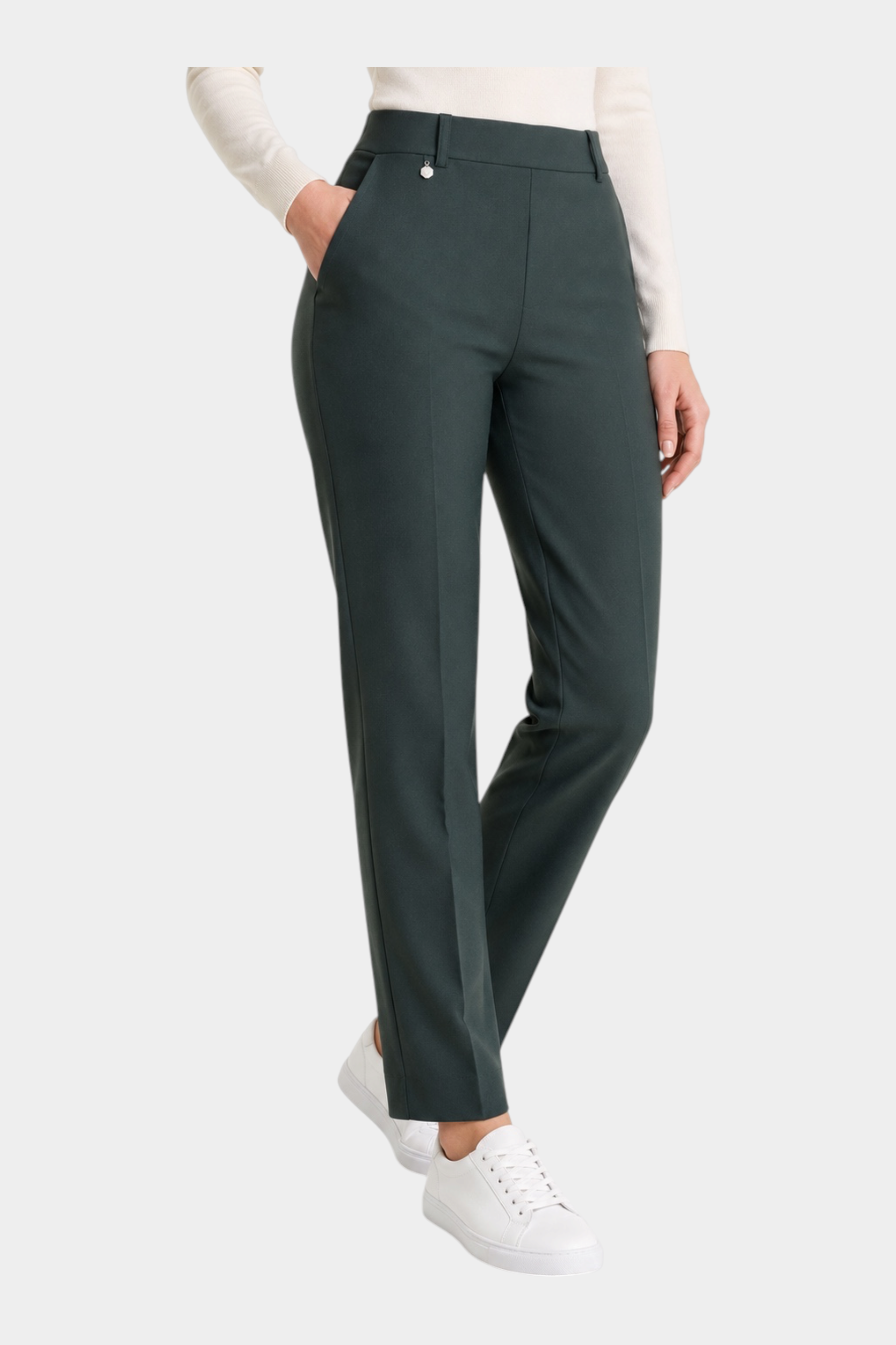 Pantalone dritto verde in tessuto Compact RAGNO di Follower SRL con tasche laterali e dettaglio metallico in vita