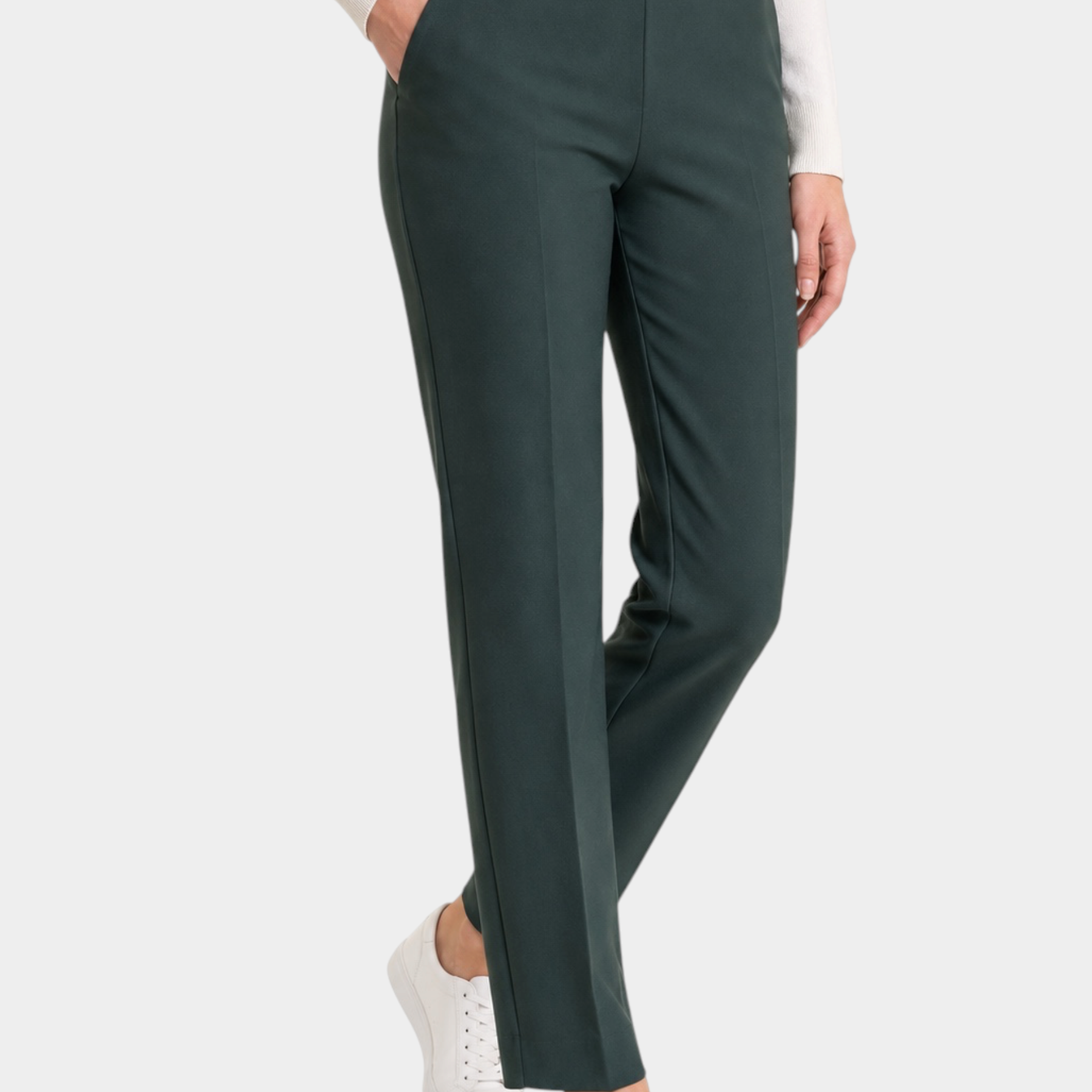 Pantalone dritto Follower SRL in tessuto compact verde scuro con tasche laterali e taglio sartoriale elegante