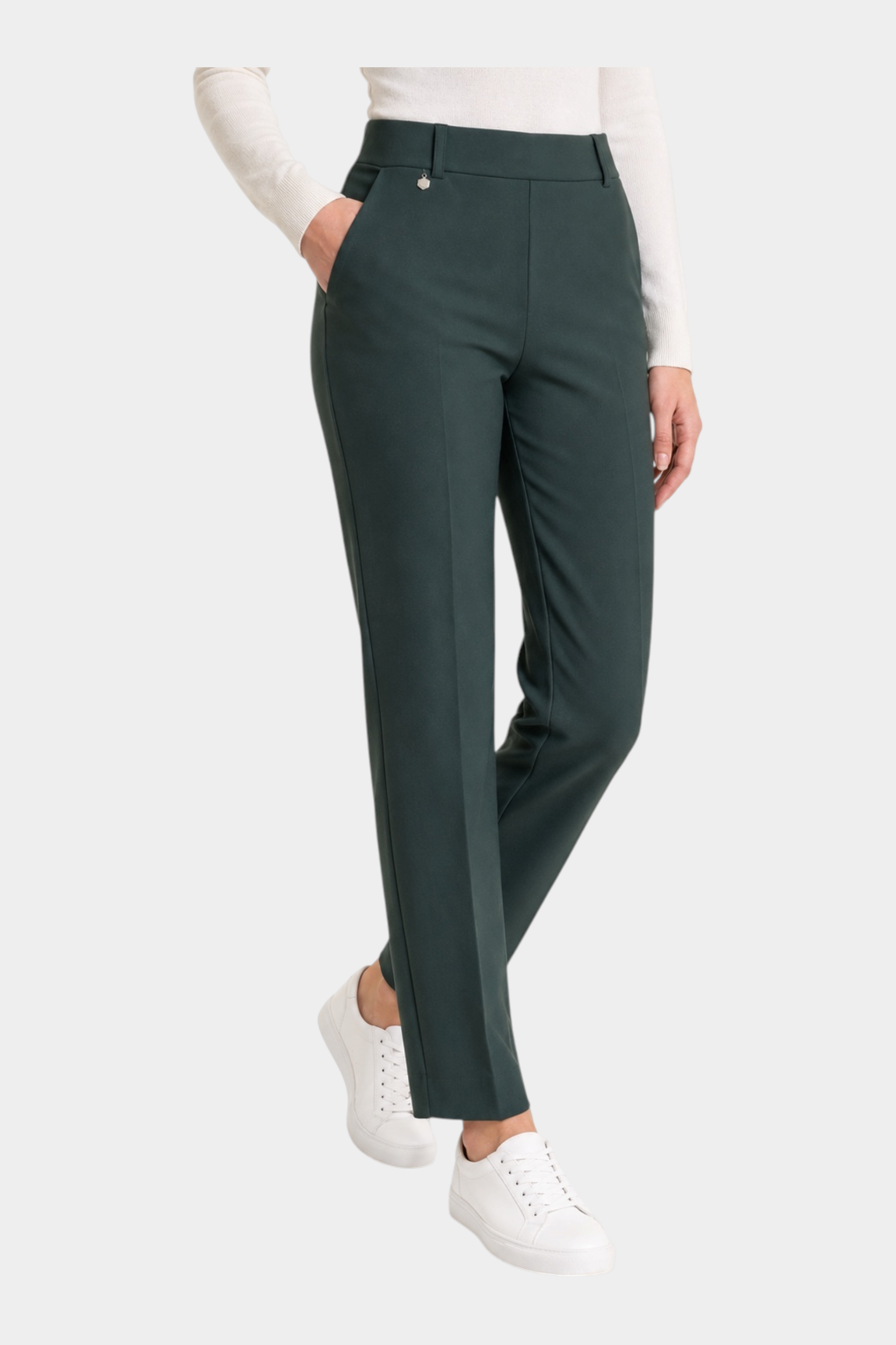 Pantalone dritto Follower SRL in tessuto compact verde scuro con tasche laterali e taglio sartoriale elegante