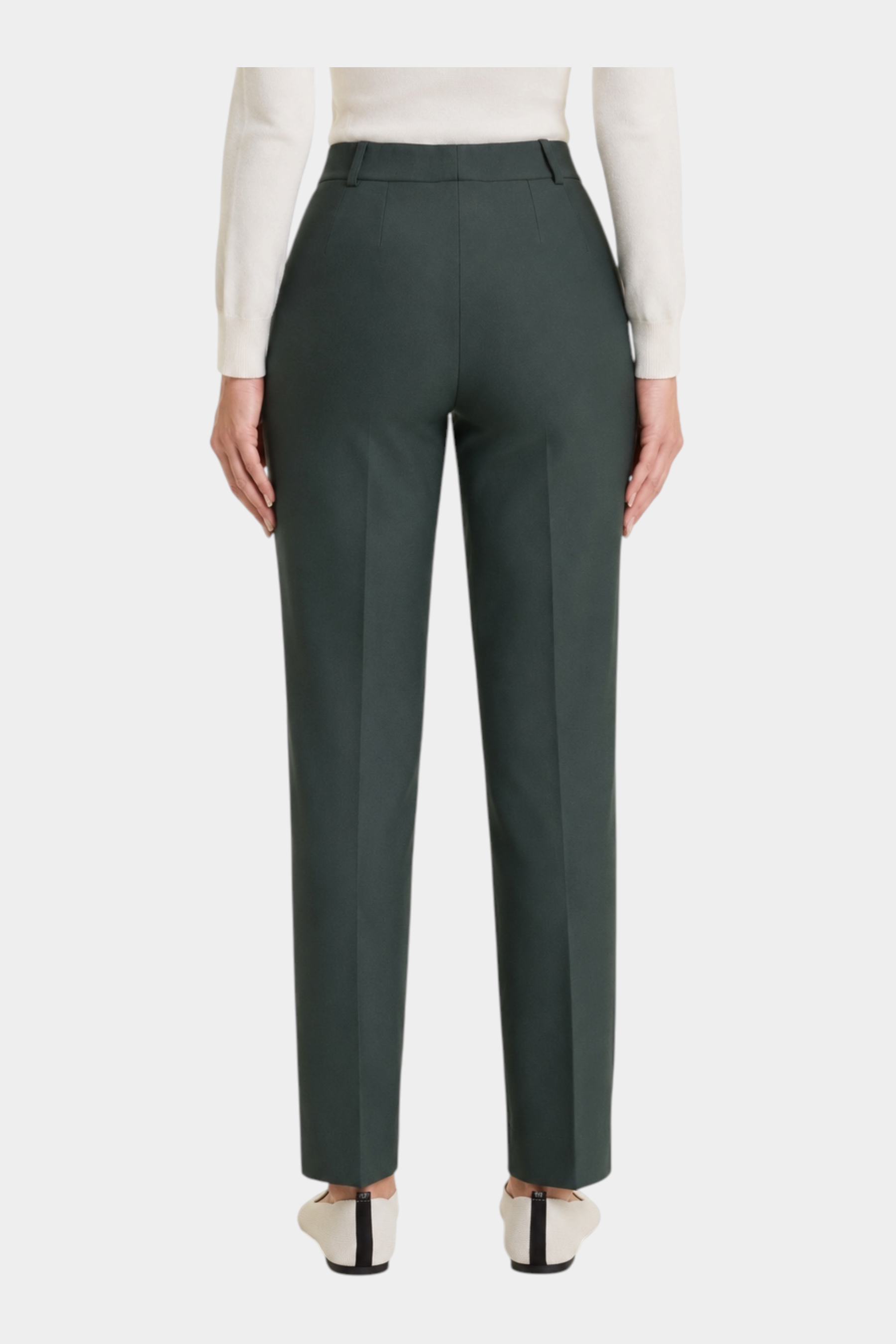 Pantalone dritto da donna Follower SRL in tessuto compact verde, vista posteriore con tasche e taglio sartoriale