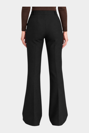Vista posteriore di un pantalone flare nero Follower SRL in tessuto compatto con tasche, indossato da una modella