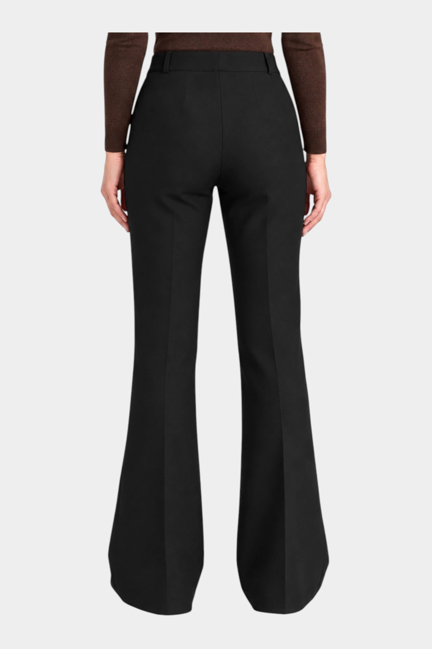 Vista posteriore di un pantalone flare nero Follower SRL in tessuto compatto con tasche, indossato da una modella