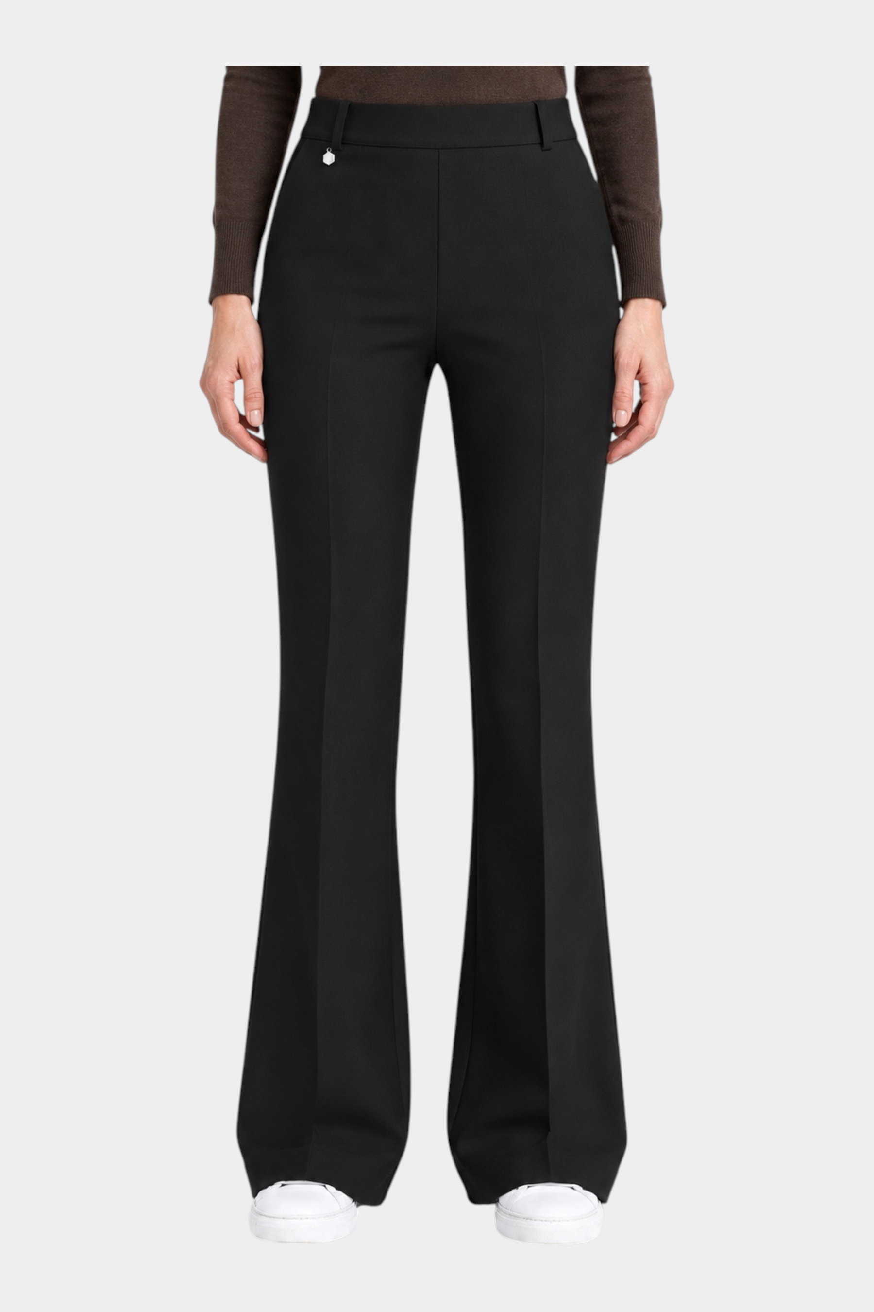 Pantalone flare nero Follower SRL in tessuto compact con tasche e dettaglio metallico in vita