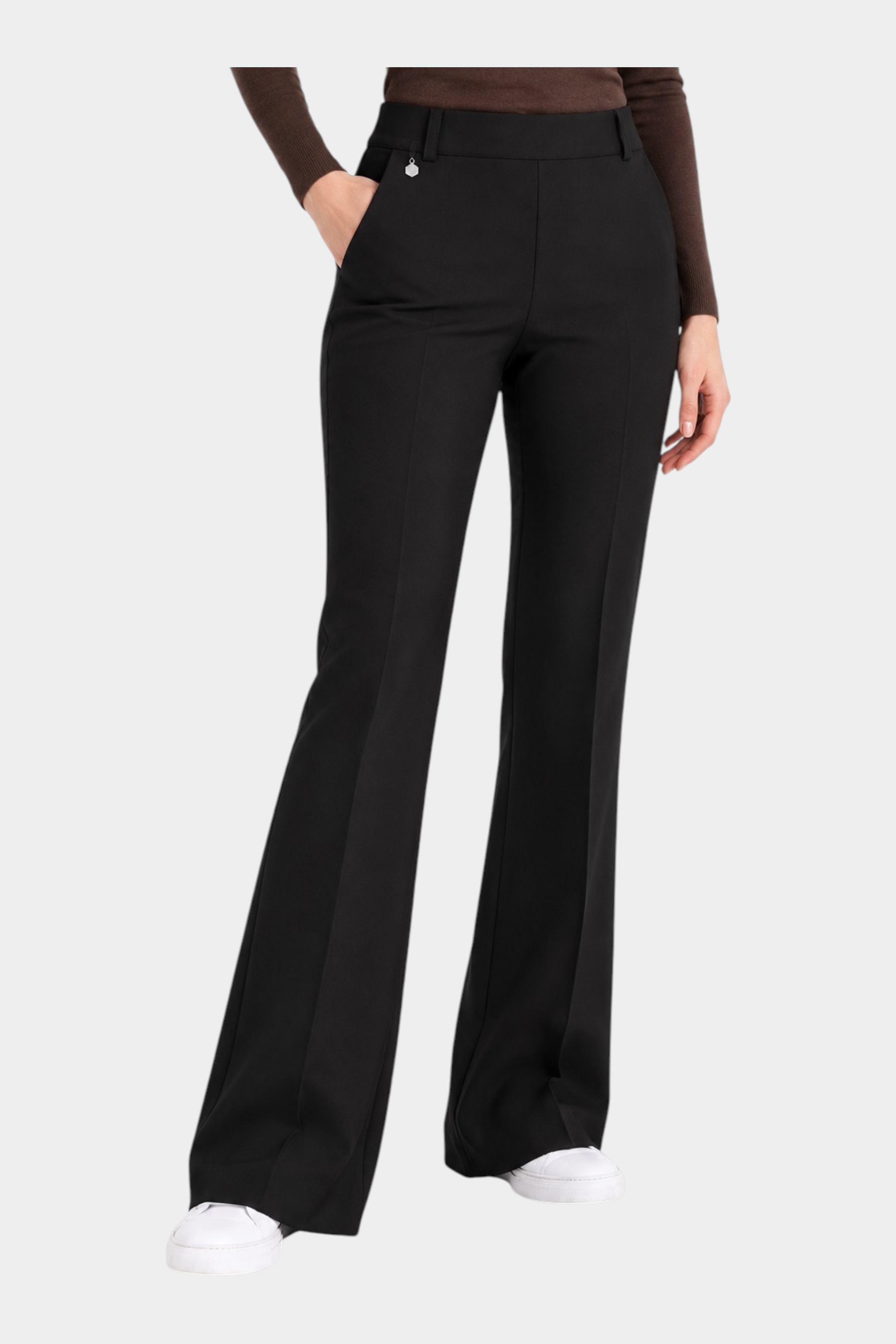 Pantalone flare nero Follower SRL in tessuto Compact con tasche laterali e linea elegante