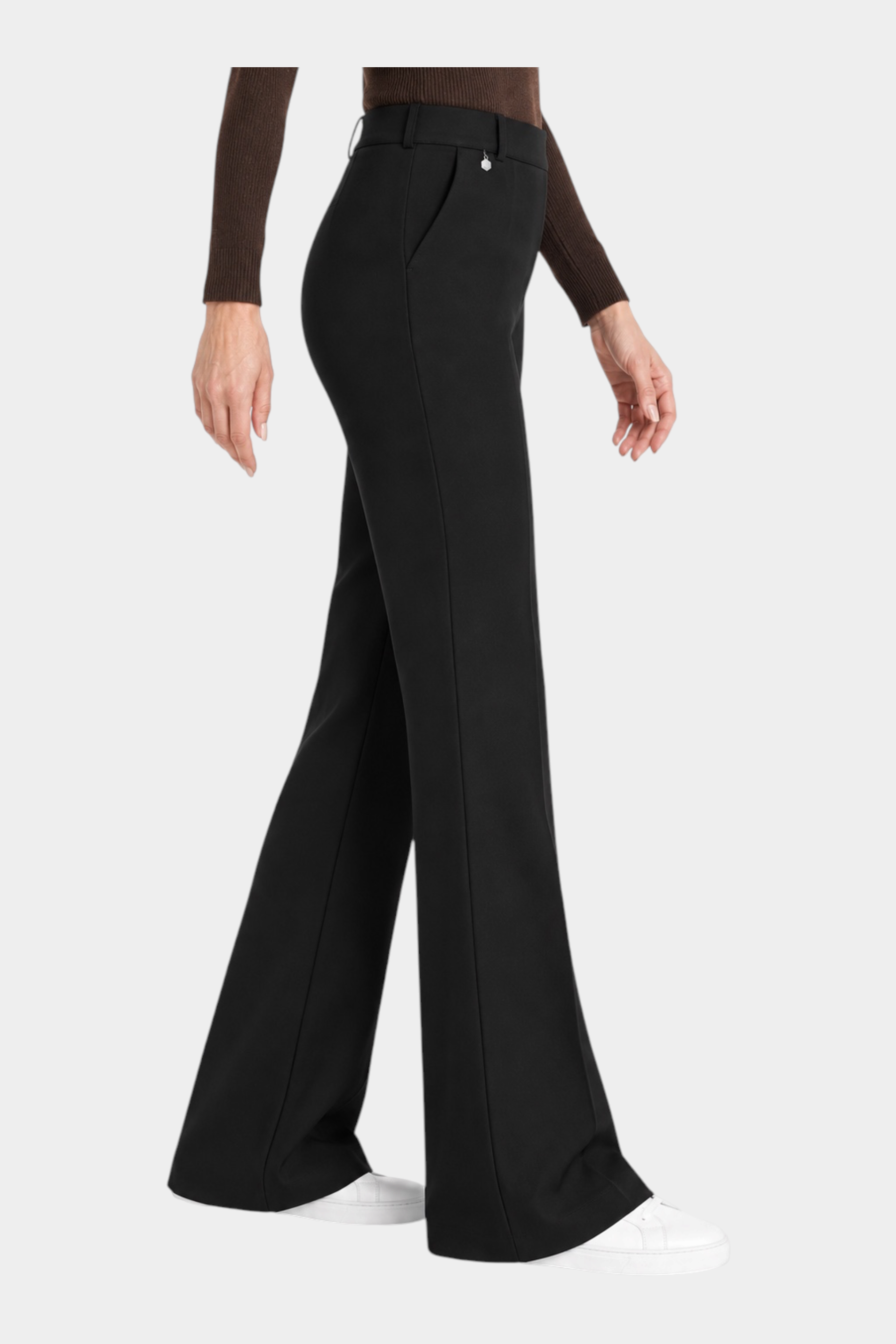 Pantalone flare nero Follower SRL in tessuto compact con tasche laterali e vita alta, vista laterale