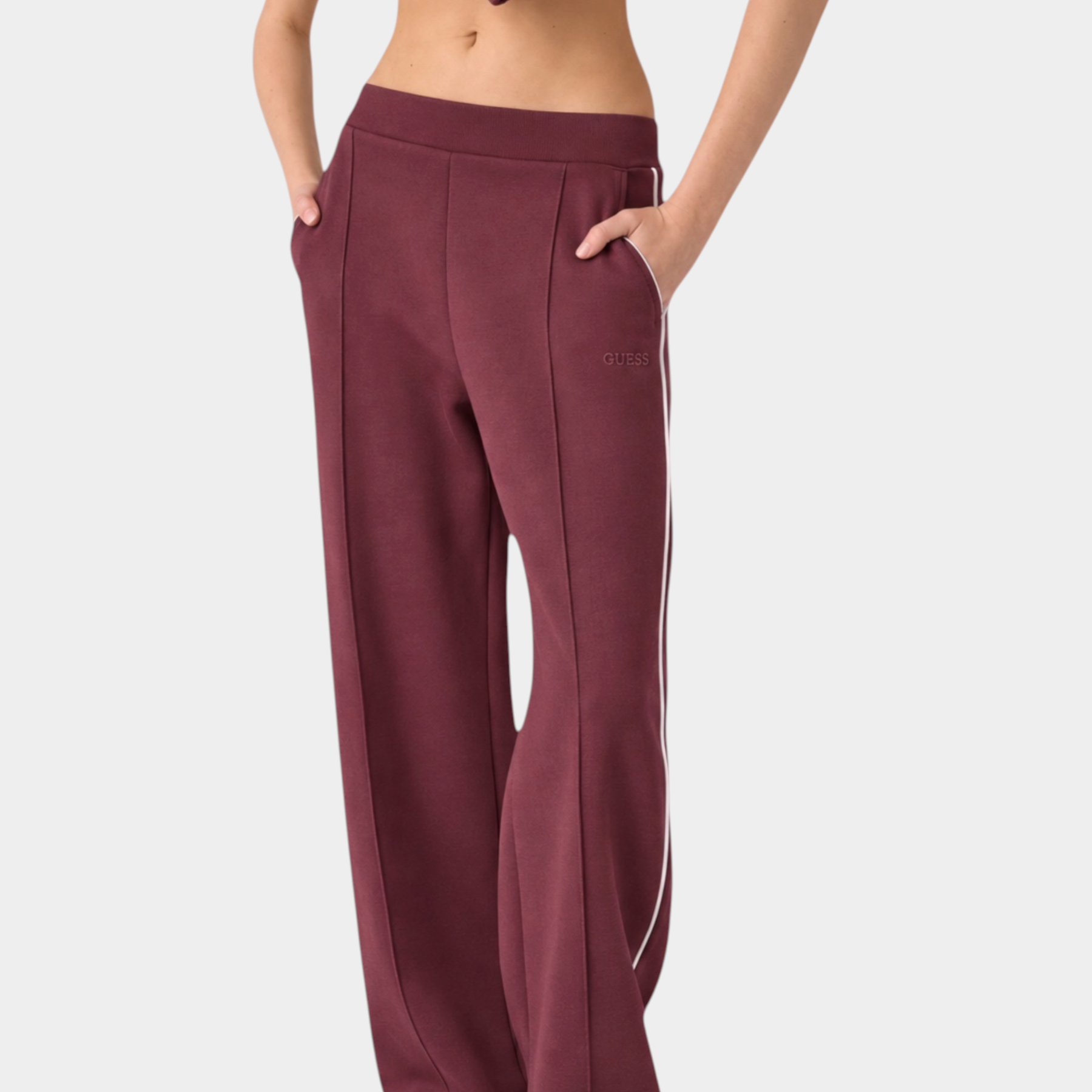 Pantalone jogger donna Follower SRL color bordeaux con linea laterale a contrasto e logo GUESS ricamato