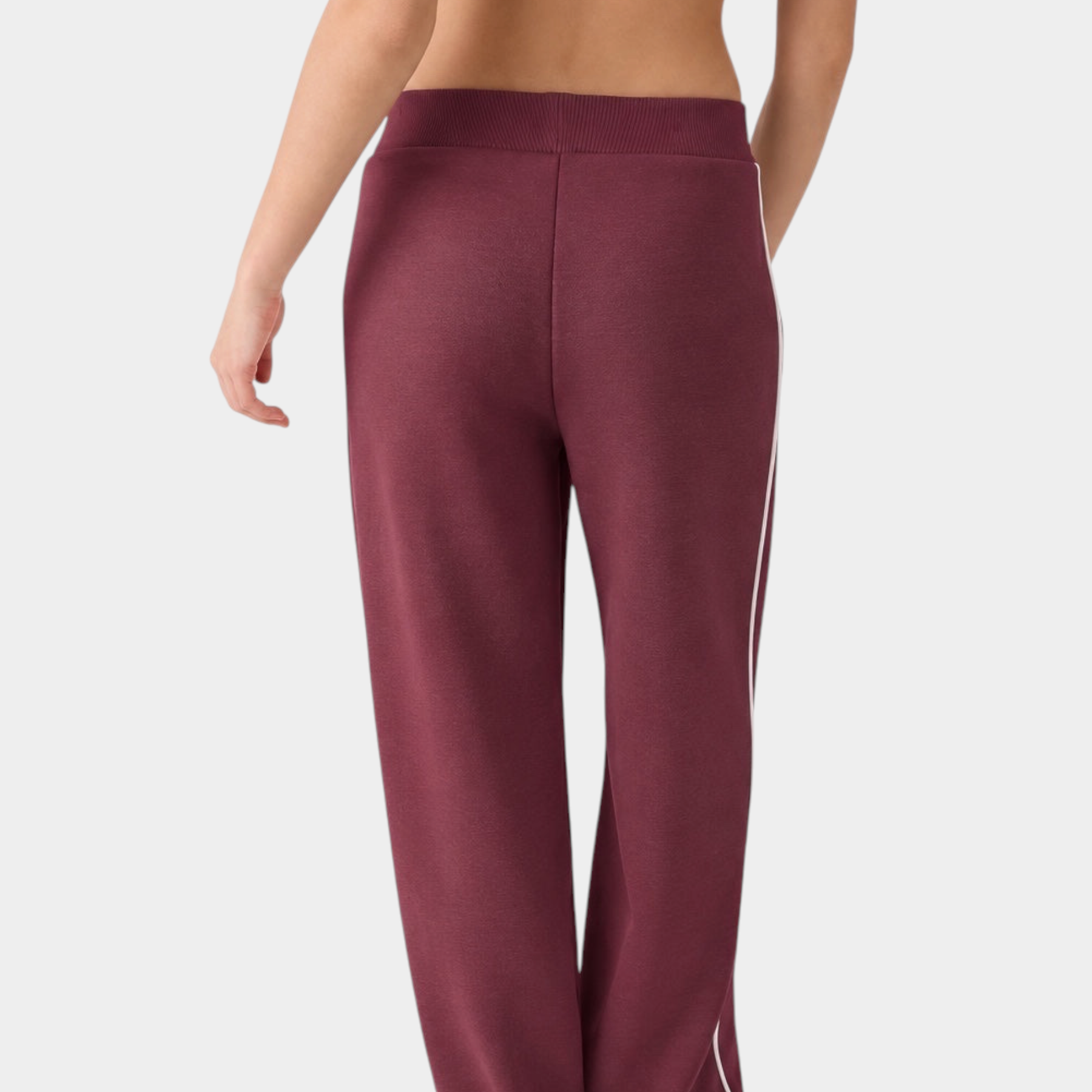 Pantalone jogger donna Follower SRL color bordeaux con banda laterale bianca, vista posteriore