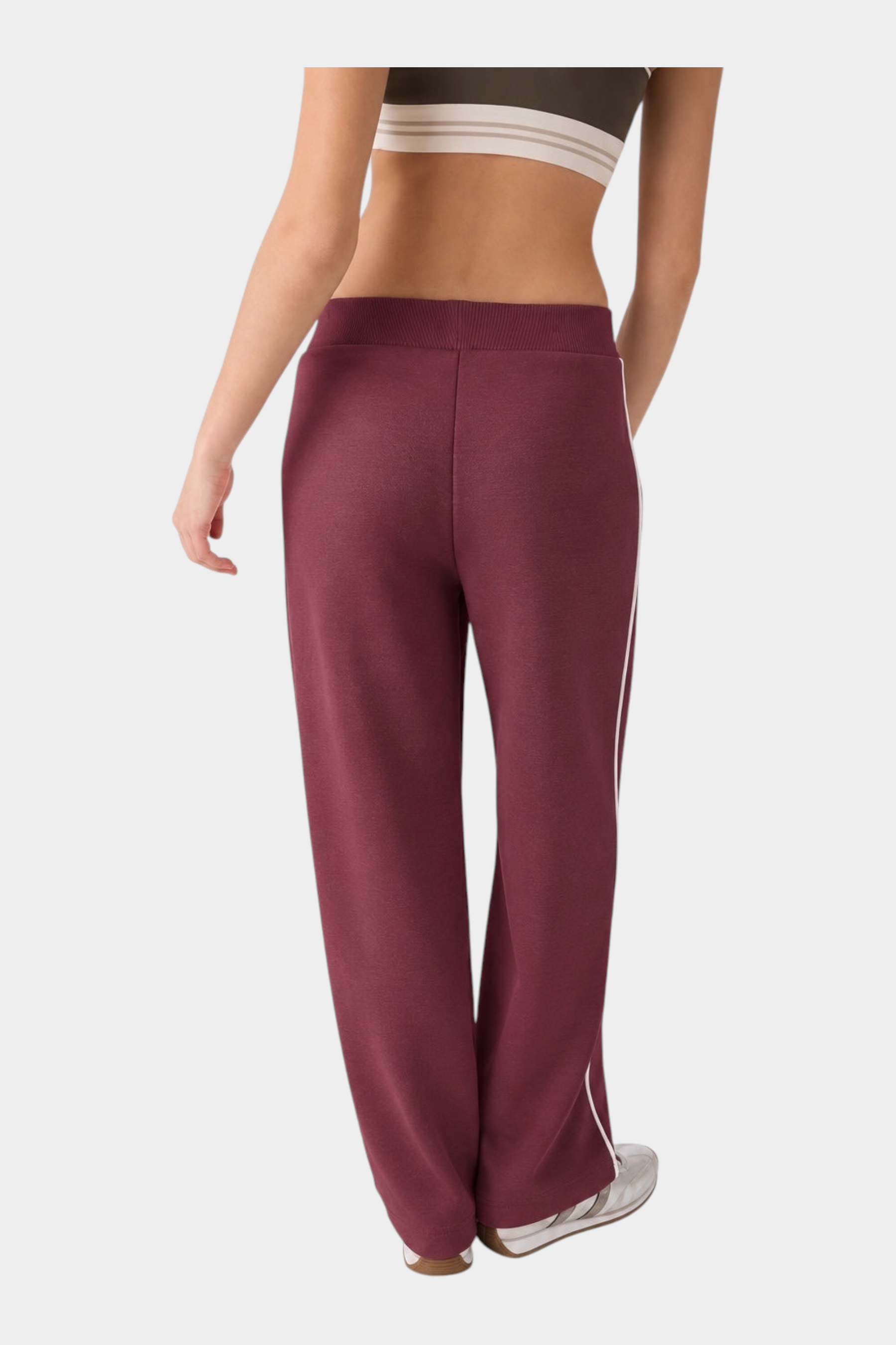 Pantalone jogger donna Follower SRL color bordeaux con banda laterale bianca, vista posteriore