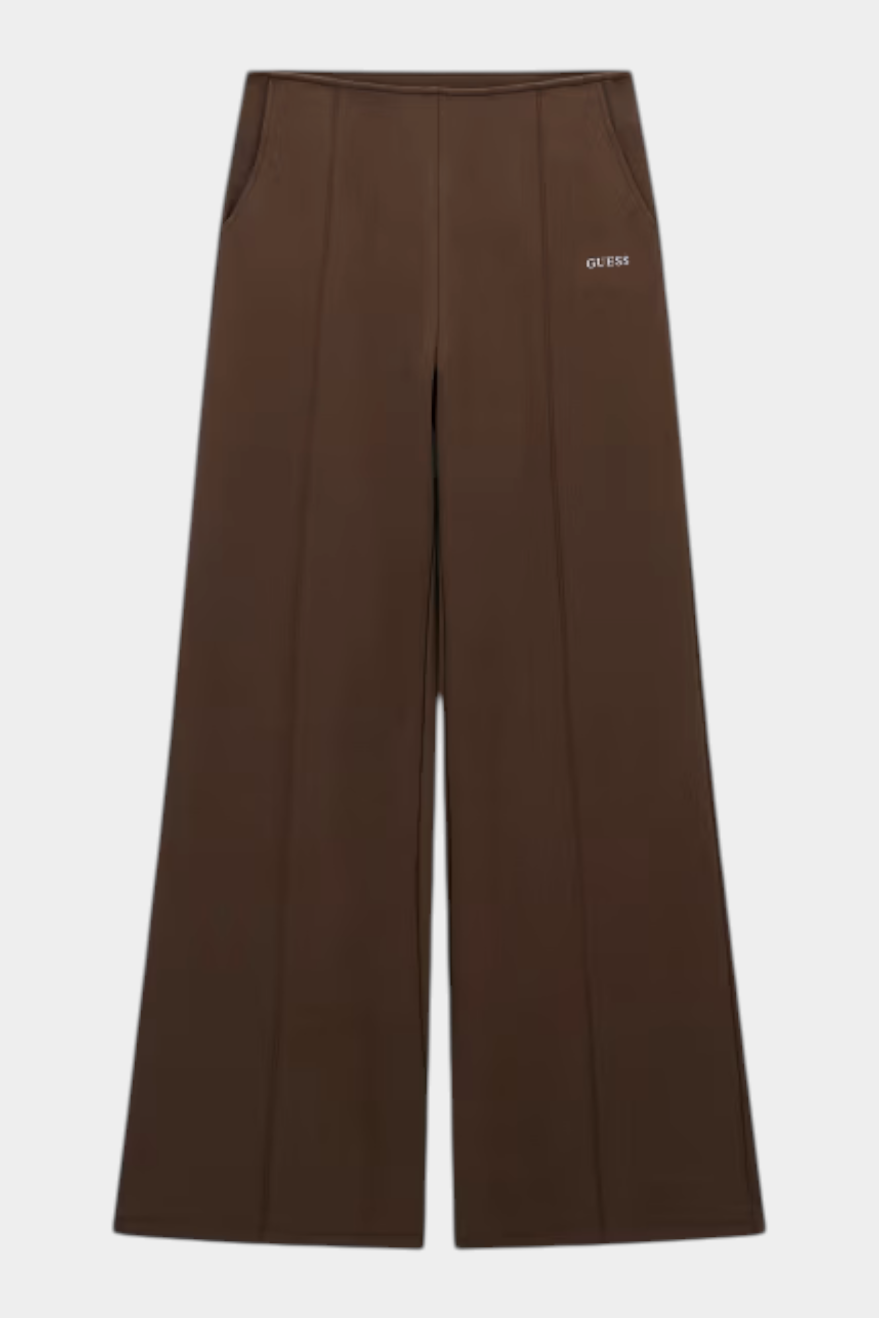 Pantalone jogger marrone da donna GUESS con gamba ampia e logo ricamato, proposto da Follower SRL